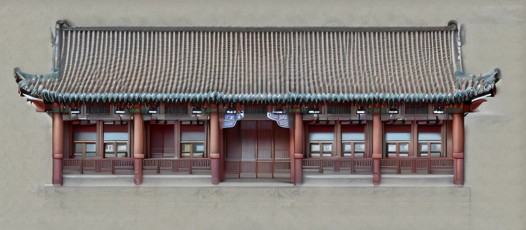 Drawings of buildings with roofs and windows, front elevation, detailed line drawing,  up front view, A digital rendering，chinese traditional architecture