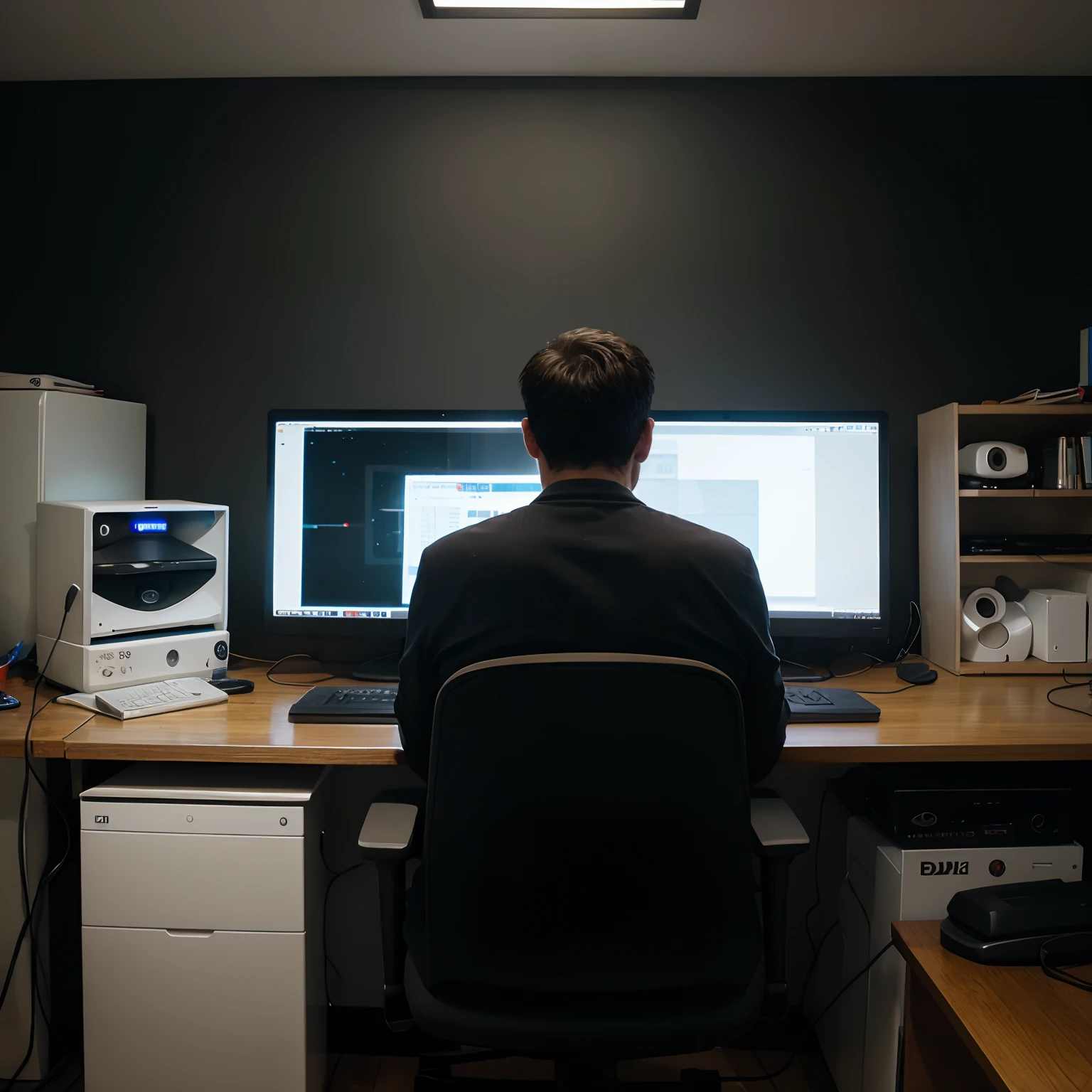 Man in front of computer, picture taken from back