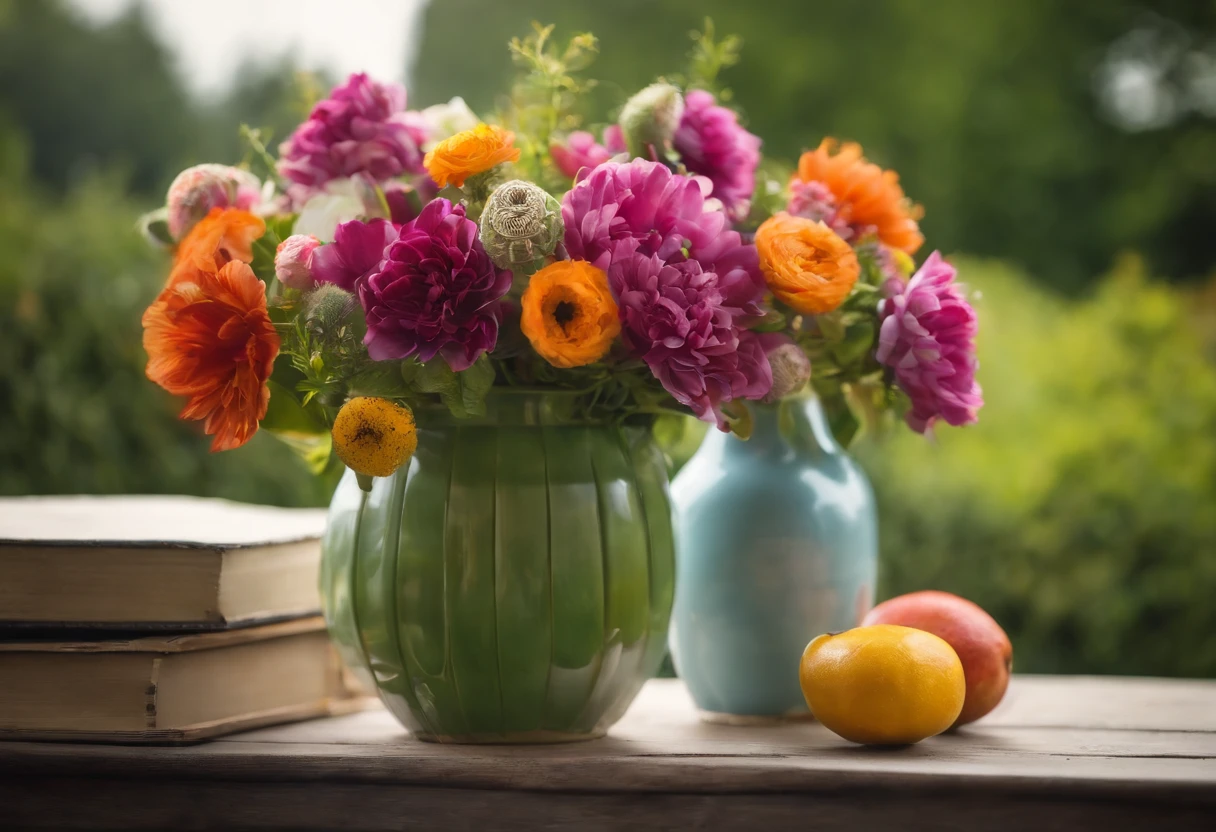 create high image quality. A vase of colorful flowers, placed on a white table, with colorful fruit next to it, surrounded by a garden of green flowers and grass, with a blue sky, on the horizon is a mountain range with a river along the river.
