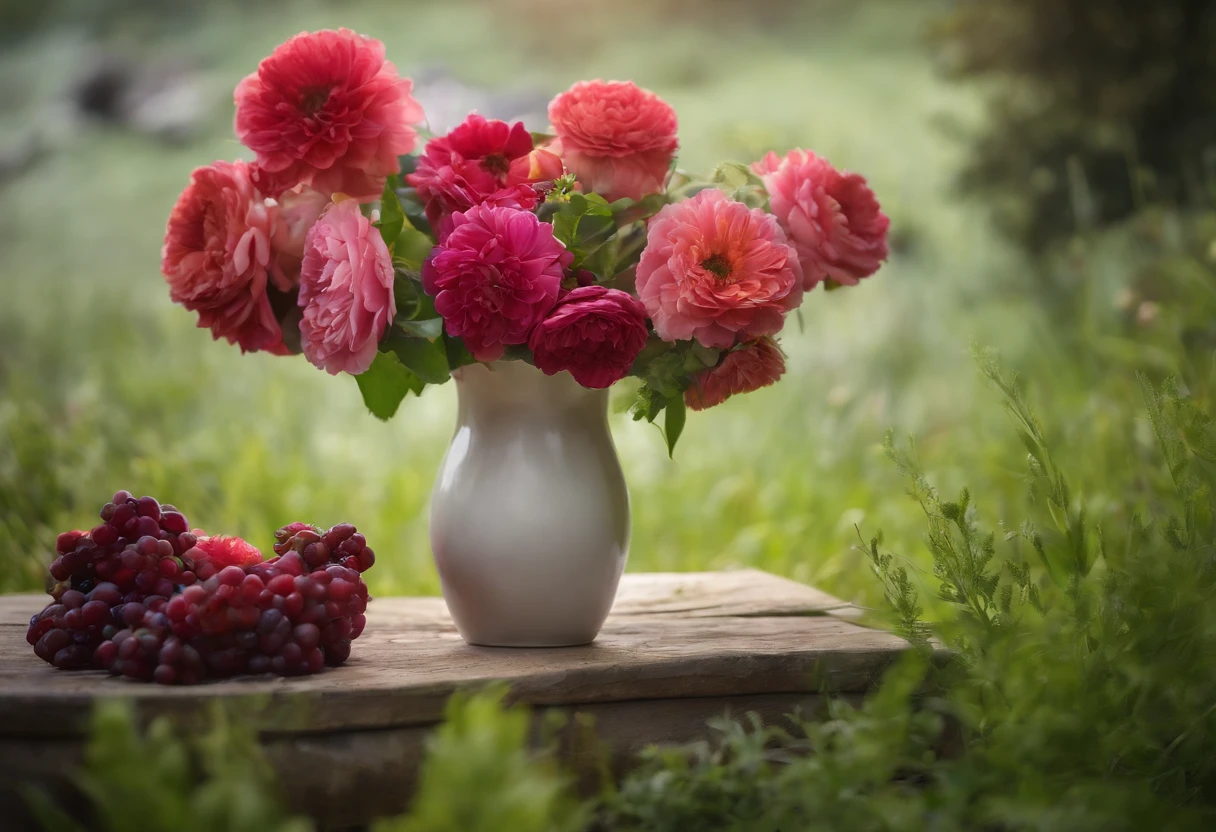 create high image quality. A vase of colorful flowers, placed on a white table, with colorful fruit next to it, surrounded by a garden of green flowers and grass, with a blue sky, on the horizon is a mountain range with a river along the river.