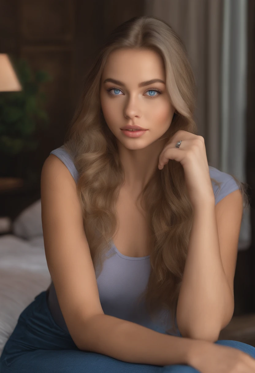 arafed woman fully , sexy girl with blue eyes, ultra realistic, meticulously detailed, portrait sophie mudd, blonde hair and large blue eyes, selfie of a young woman, violet myers, without makeup, natural makeup, looking directly at the camera, face with artgram, subtle makeup, stunning full body shot kneeling on bed, in the mall, medium to large size bust