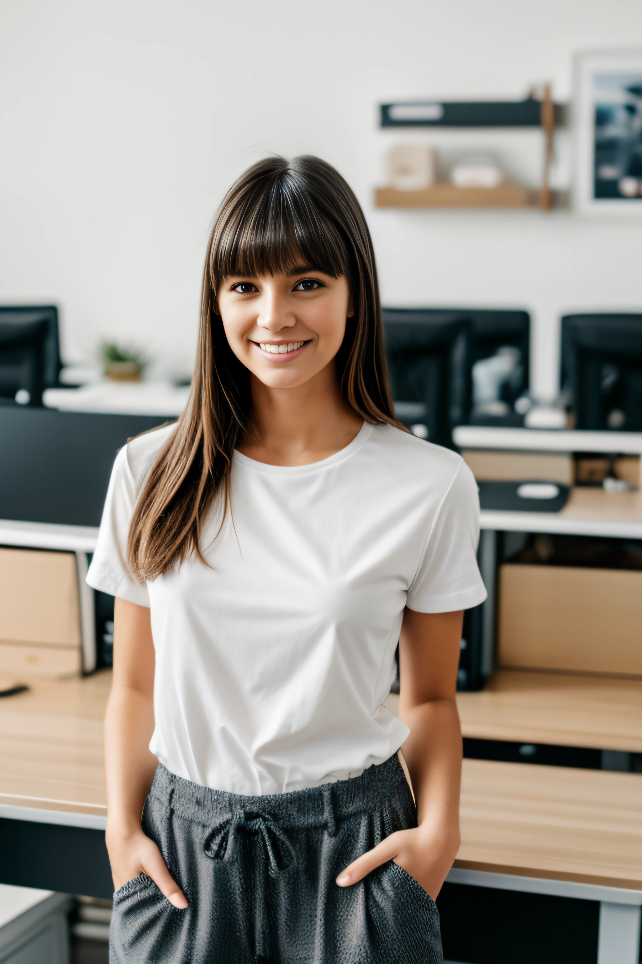 RAW Photo, DSLR BREAK a young woman with bangs, (light smile:0.8), (smile:0.5),
wearing relaxed shirt and trousers, causal clothes, (looking at viewer), focused,
(modern and cozy office space), design agency office, spacious and open office,
Scandinavian design space BREAK detailed, natural light