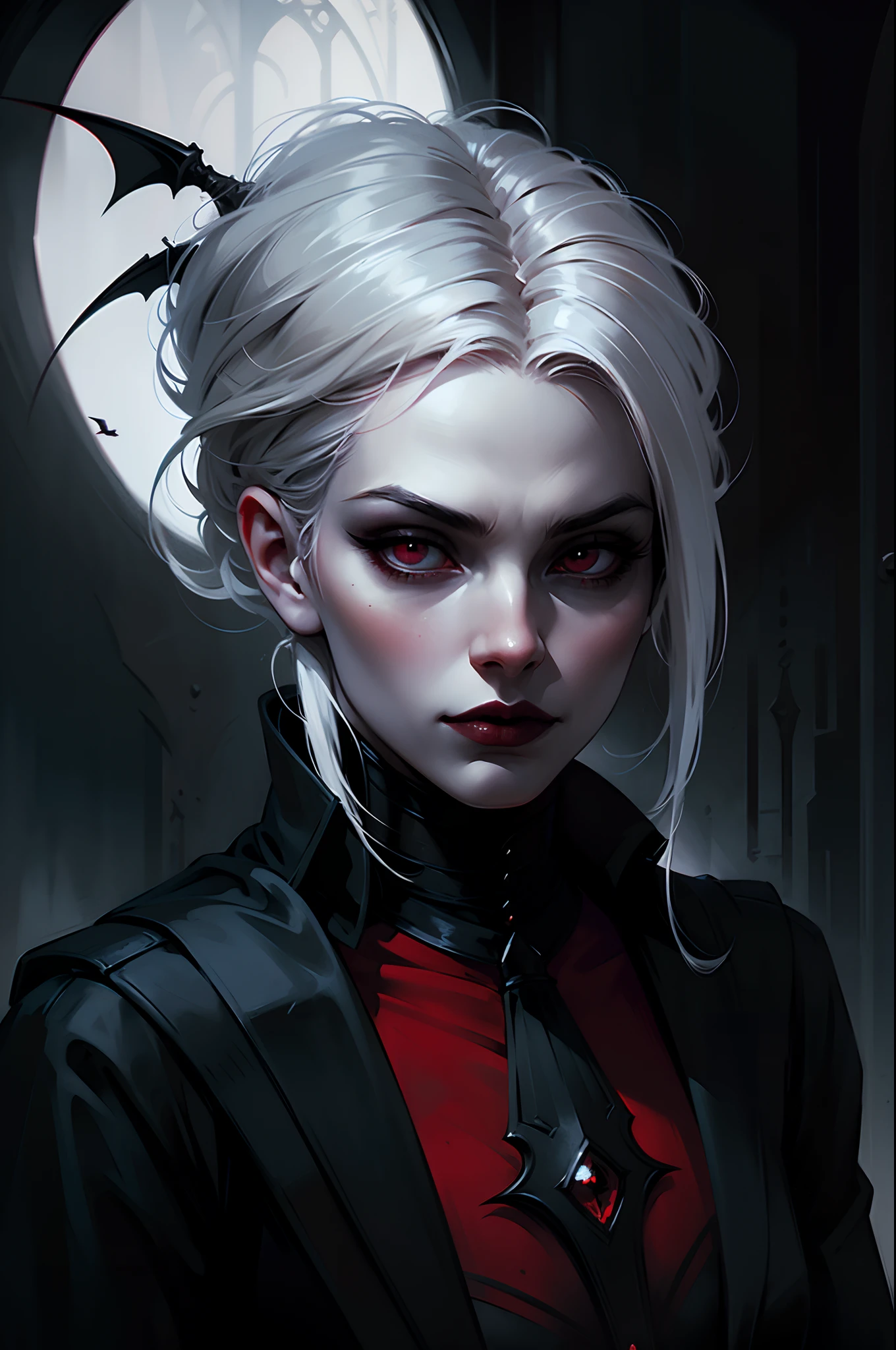 female vampire|albino,pale porcelain skin, vintage black dress, smile, the growling wolf, shallow depth of field, sadistic, nightfall, detailed face, night,wide hips,narrow waist,detailed eyes, portrait of woman standing,8k RAW photo, highest quality, (looking at the viewer:1.3), best shadow, intricate details, (bold hair:1.3),(bright eyes),forest, grave,gothic,goth,(thunder-storm:1.2),((intricate details)), detailed eyes, (hdr:1,2), ((intricate details, hyperdetailed)), half black hair, half white hair