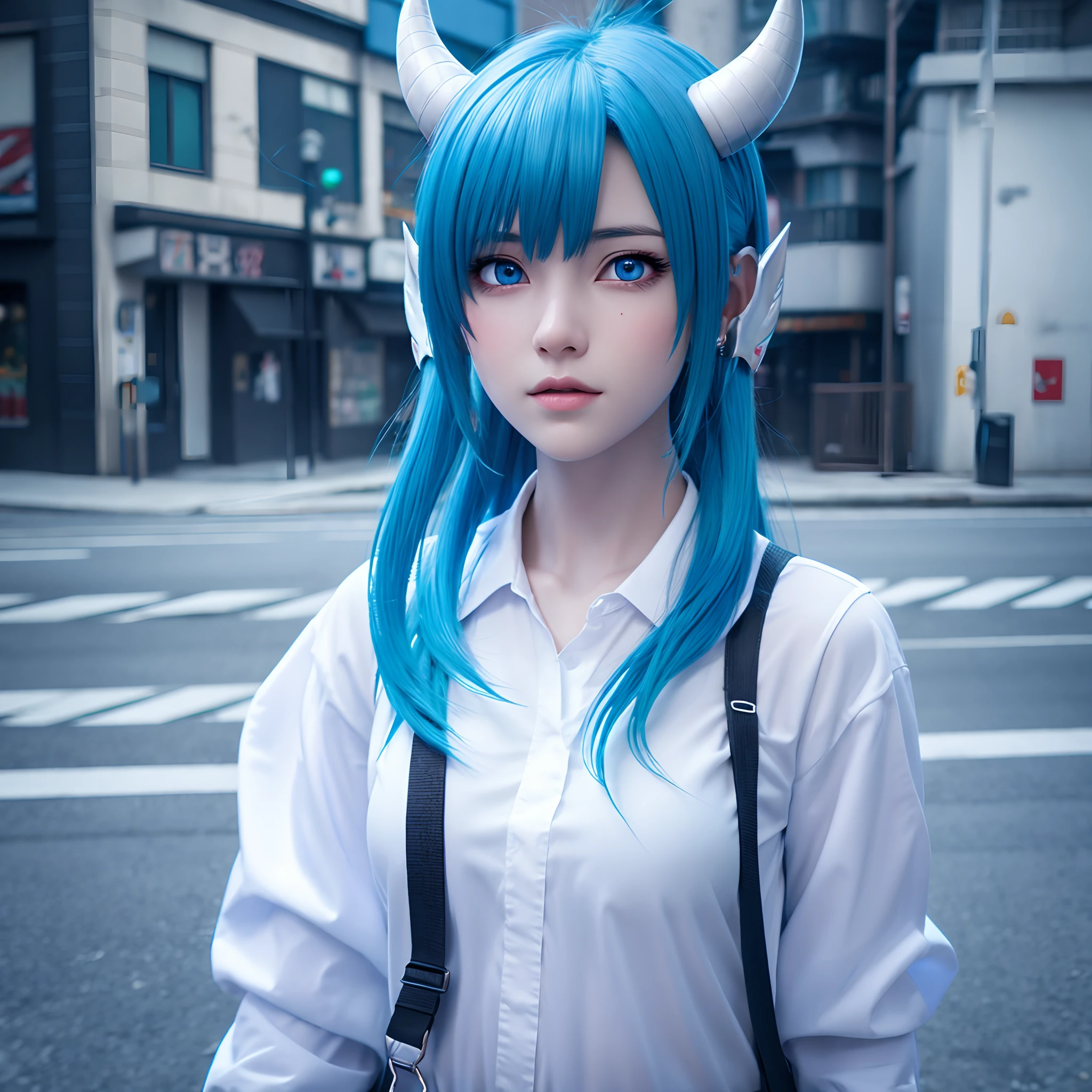 Anime girl with blue hair and horns on the street, 3D Realistic Anime, 2. 5 d cgi anime fantasy artwork, anime style 3D, Anime style. 8K, 4K Anime Style, Realistic anime in 3D style, deviantart artstation cgscosiety, digital anime art, Gwise Style Art Art, Detailed Digital Anime Art, White shirt, Dragon wings