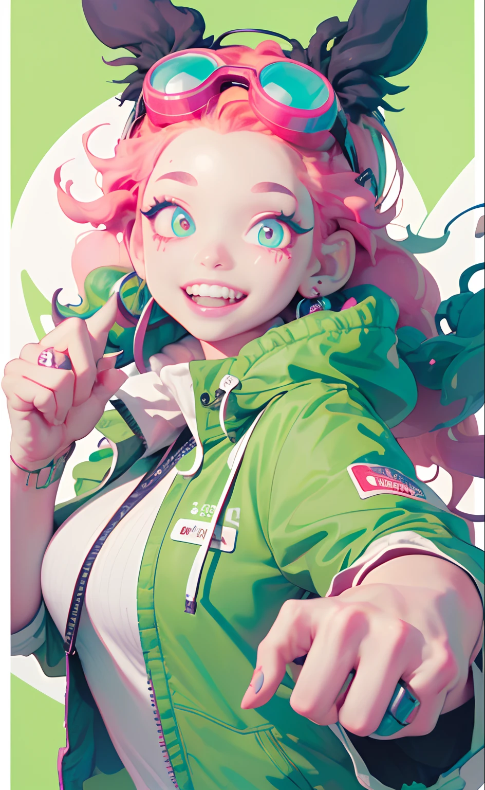 (Masterpiece, Best quality, A high resolution, Ultra detailed:1.2), (Solo, 1girll, Cowboy shot), Dokumiku, double tails, mitts, goggles on head, multicolored hair, Pink eyelashes, Purple eyes, Green jacket, Break, grin, teeth, (Dynamic pose, crazy, Mad scientist), (multicolored background)