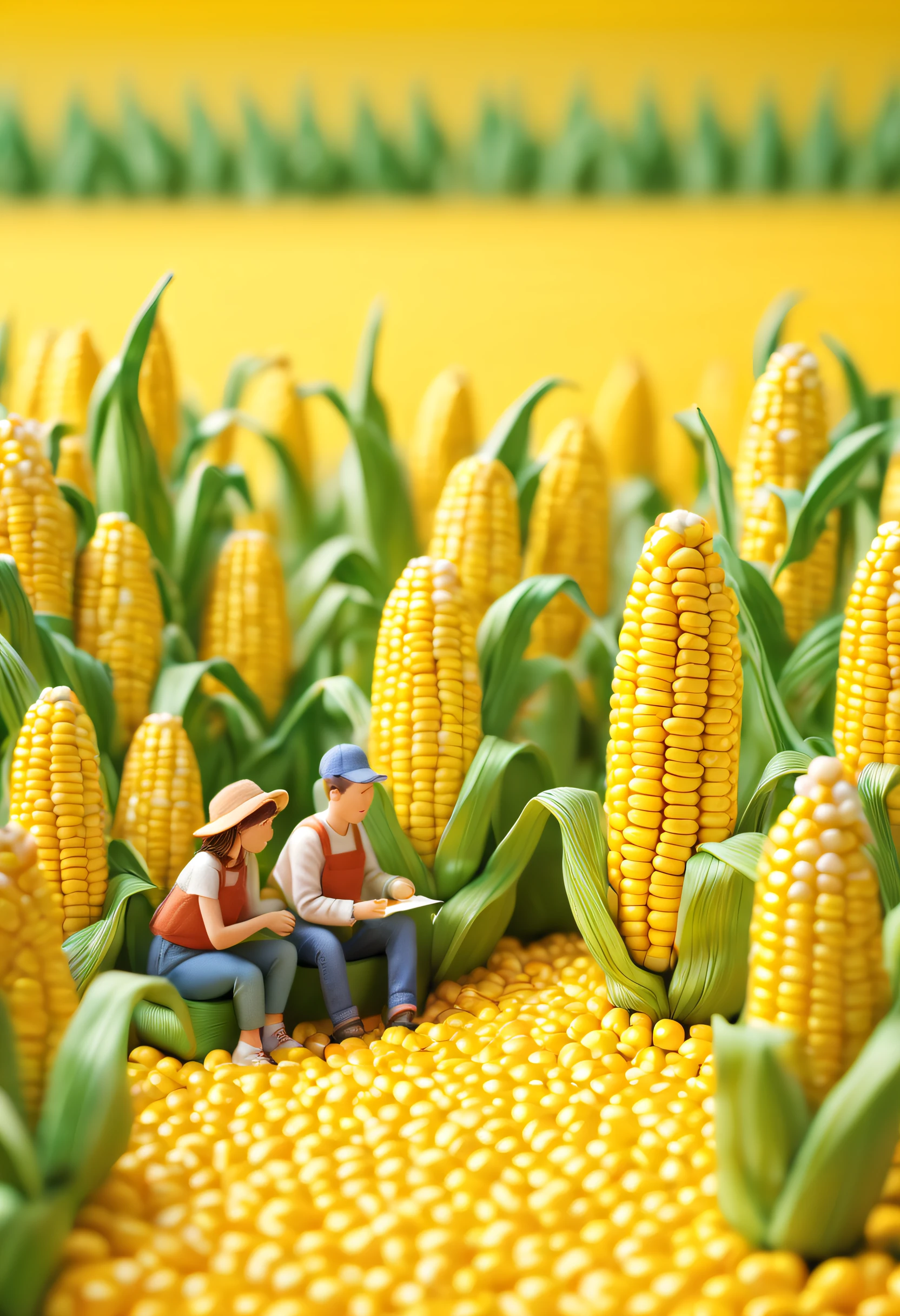 Miniature photos of people in an imaginary corn field, in the style of adorable toy sculptures, rendered in cinema4d, realistic depictions of everyday life, animated gifs, grocery art, nikon d850, still life focus