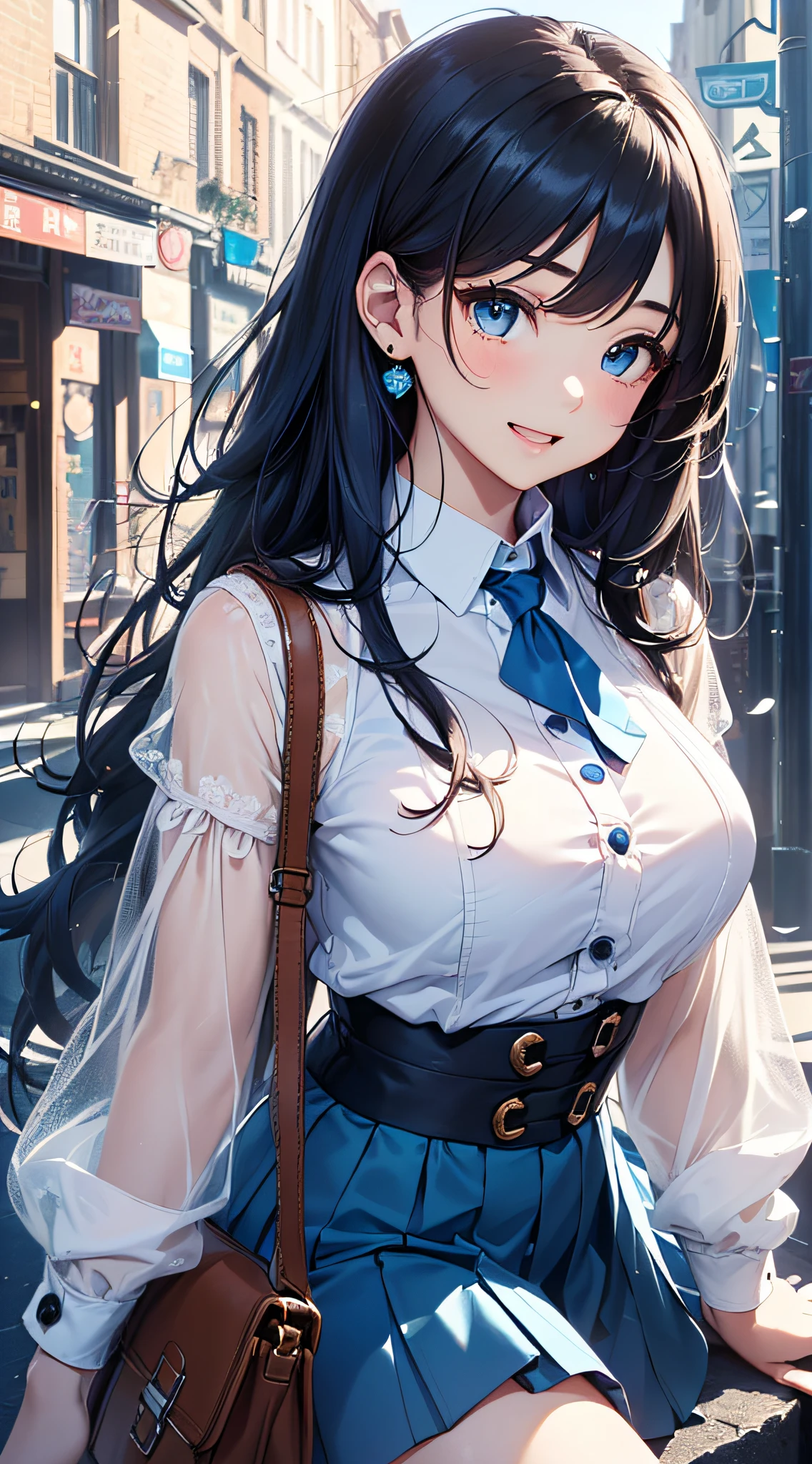 top-quality、Top image quality、​masterpiece、girl with((cute little、、Best Bust、Medium bust、Bust 85,Beautiful blue eyes、Breasts wide open,Long Black Hair、A slender、Blue hair mesh、Y-shirt with white collar open to the second button、Blue short skirt,satchel,Laugh、run、Reflecting the whole body)）hiquality、Beautiful Art、Background with((blue-sky、towns)),masutepiece、Elaborate design、visualart、depth of fields、The best lighting、highestdetailed、8ｋ