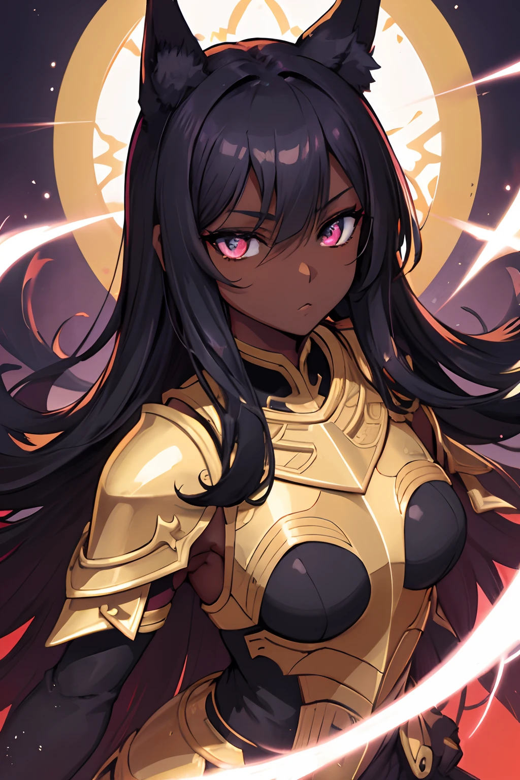 Anime style portrait of a sexy, African babe, with jet-black hair, purple eyes, dark skin, black cat ears, 1 tail, perfect composition, hyper-detailed, 8k, high quality, perfect eyes, trending art, trend on ArtStation, sharp focus, Studio shot, intricate details, by tite kubo
, paladin, long hair , dark fantasy, detailed white armor, detailed golden shield, greatsword