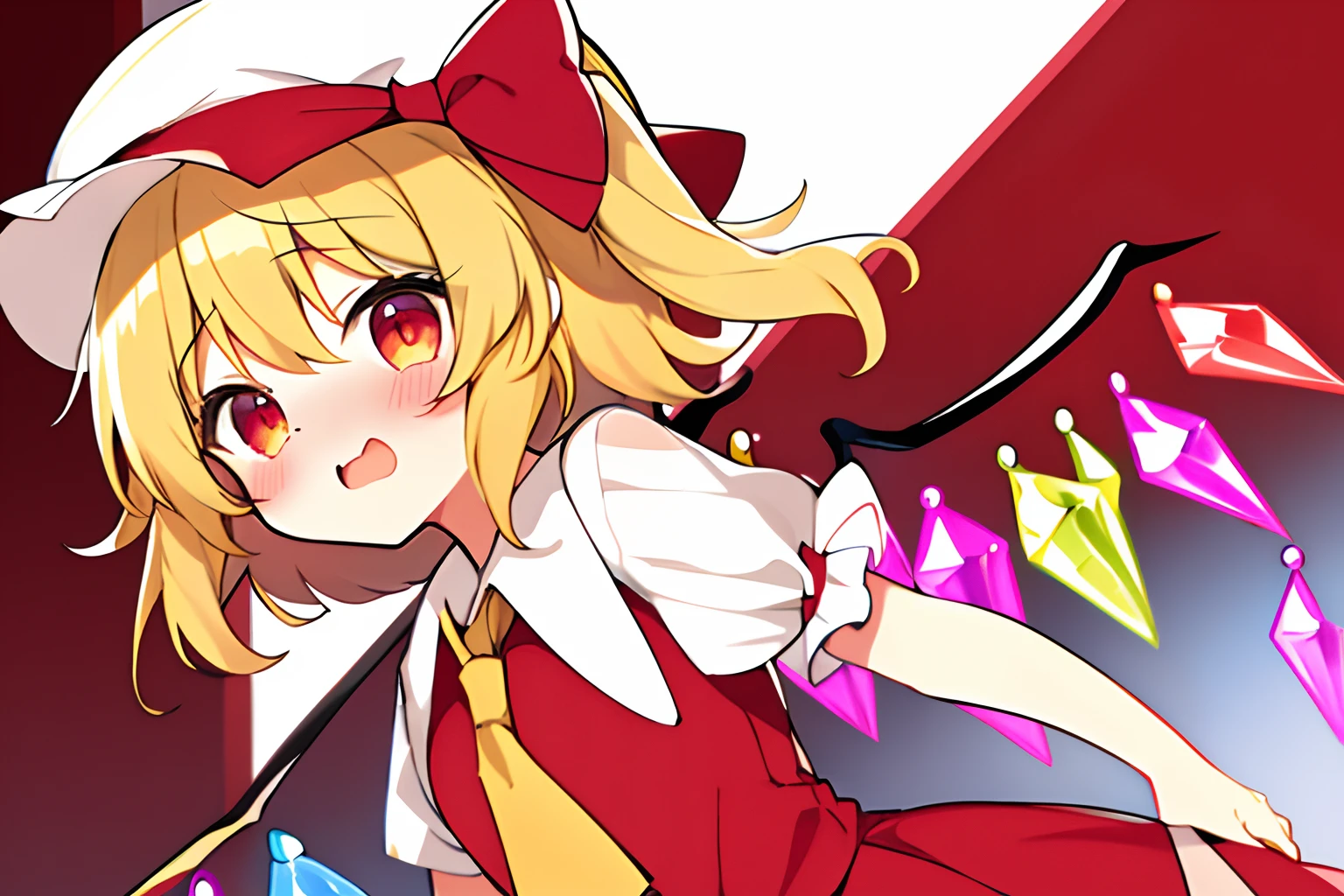Best Quality, 1girl in, Solo, Flandre Scarlet、Hats、 beautiful countenance、Eye Highlights、Opening Mouth、embarrassed from、Petite、bright yellow hair、shortsleeves、childish、Classroom