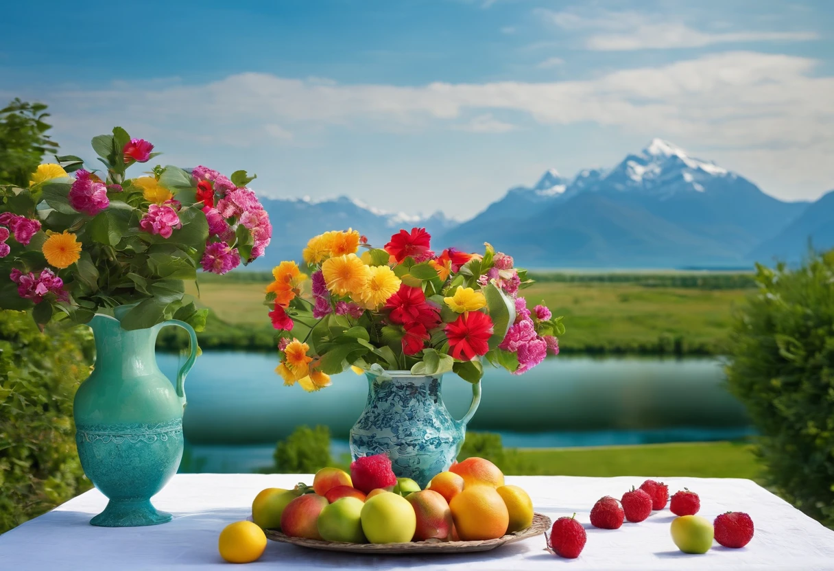 create high image quality. A vase of colorful flowers, placed on a white table, with colorful fruit next to it, surrounded by a garden of green flowers and grass, with a blue sky, on the horizon is a mountain range with a river along the river.