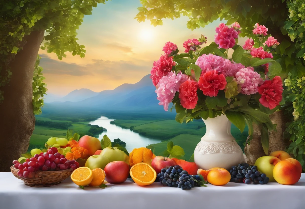 create high image quality. A vase of colorful flowers, placed on a white table, with colorful fruit next to it, surrounded by a garden of green flowers and grass, with a blue sky, on the horizon is a mountain range with a river along the river.