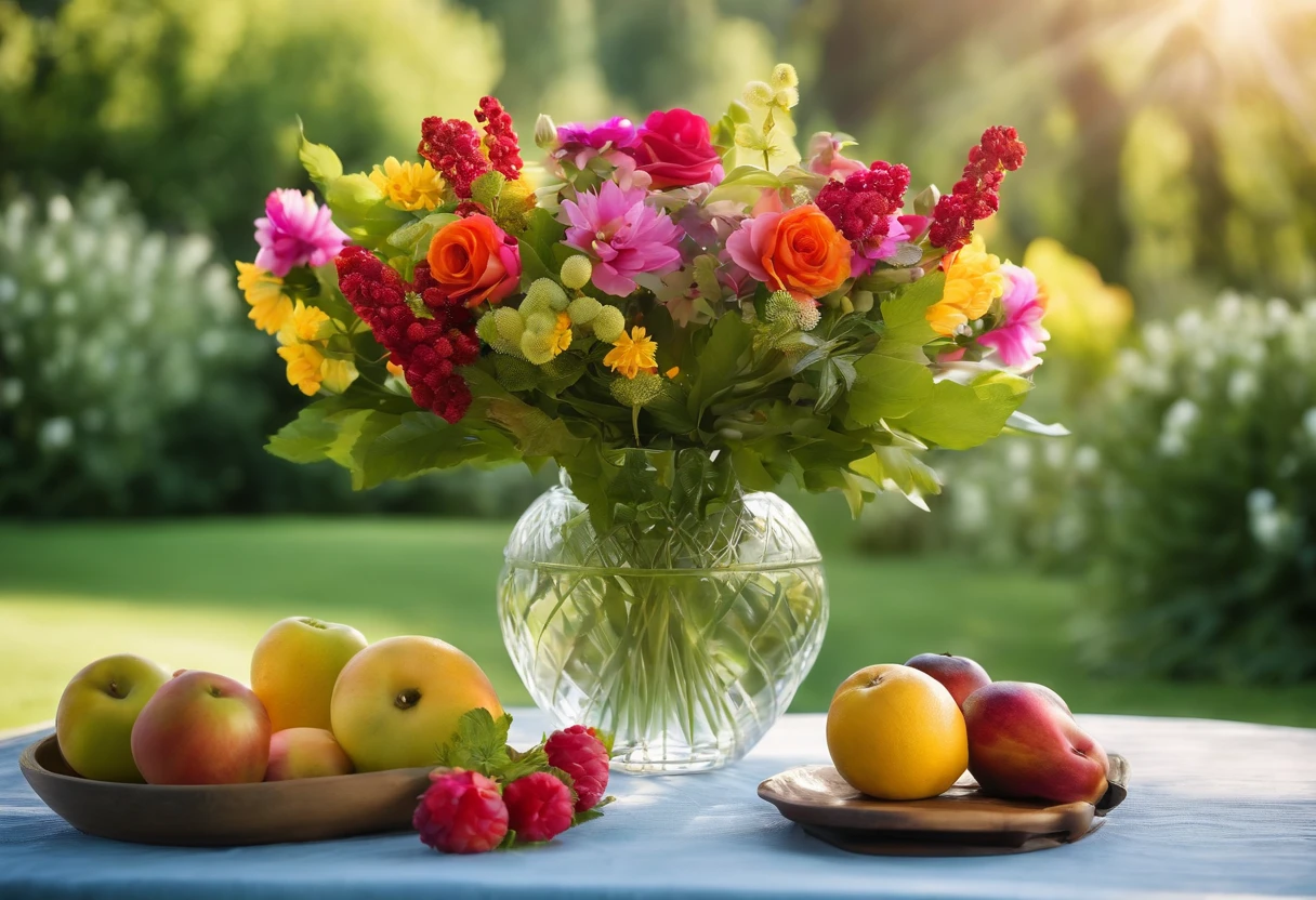 create high image quality. A vase of colorful flowers, placed on a white table, with colorful fruit next to it, surrounded by a garden of green flowers and grass, with a blue sky, on the horizon is a mountain range with a river along the river.