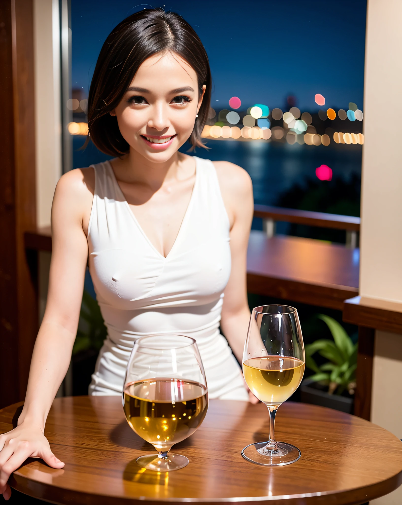 (64K, UHD, top quality, masterpiece: 1.2), (realistic, photorealistic: 1.37), super detailed, pretty woman 1 person, (slim face), (slim body), (brown hair), (short cut), cheeks slightly blushing, (44 years old), 38 years old, solo, beautiful detailed urban night view outside the window, restaurant, wine glasses sit, at night, in a prominent placeNovaFrogStyle, Actress, Model, Waist Up, White Wine, Slim, Wine Glass, Super Clean Night View, Wine Glass Put in the Middle, Happy Smile, (Smile: 1.15), Beautiful Fine Eyes, Upper Body, Bust Japan Up, Night, Short, Short, Actress, Model, Waist Up, White Wine, Slim, Wine Glass, Super Clean Night View, Wine Glass Put in the Middle, Happy Smile,