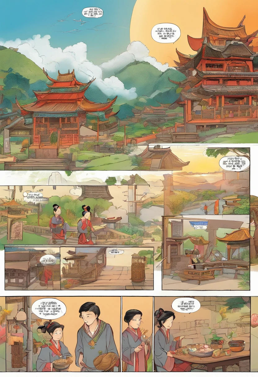 Chinese style comics, The comic story is presented in multiple irregular colored panels. The picture shows a Zhuang village,A cute boy running and playing in the village。The boys hear scenes of old people discussing problems,The boy decides to embark on a journey to find the immortals。Presents a boy with a bag on his back,Ready to go。