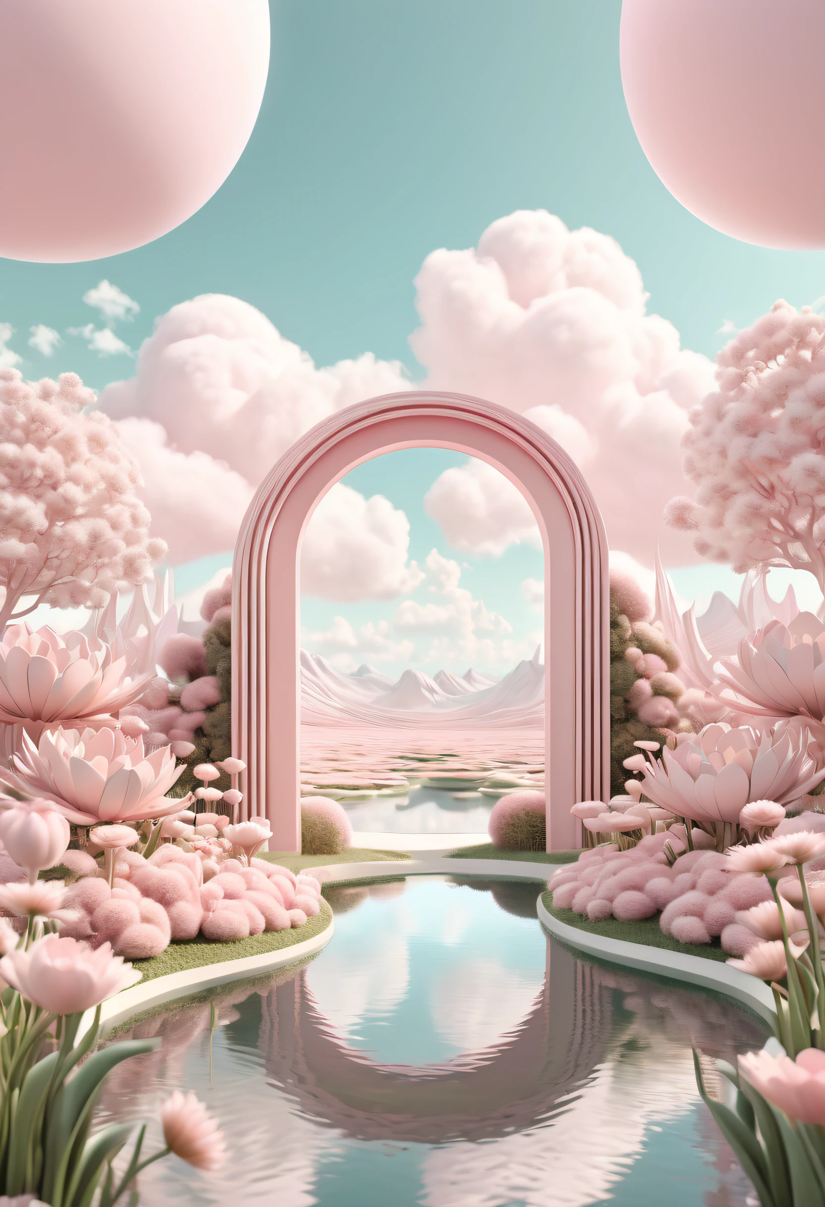 Pale pink flowers surrounded by clouds and ponds, With surreal 3D landscape style, Oval entrance, Pastel color landscape, Rendered in movie 4D, Mobile and organic, pastoral, Surreal elements ，in the style of rendered in cinema4d, minimalist stage designs, Layered surfaces