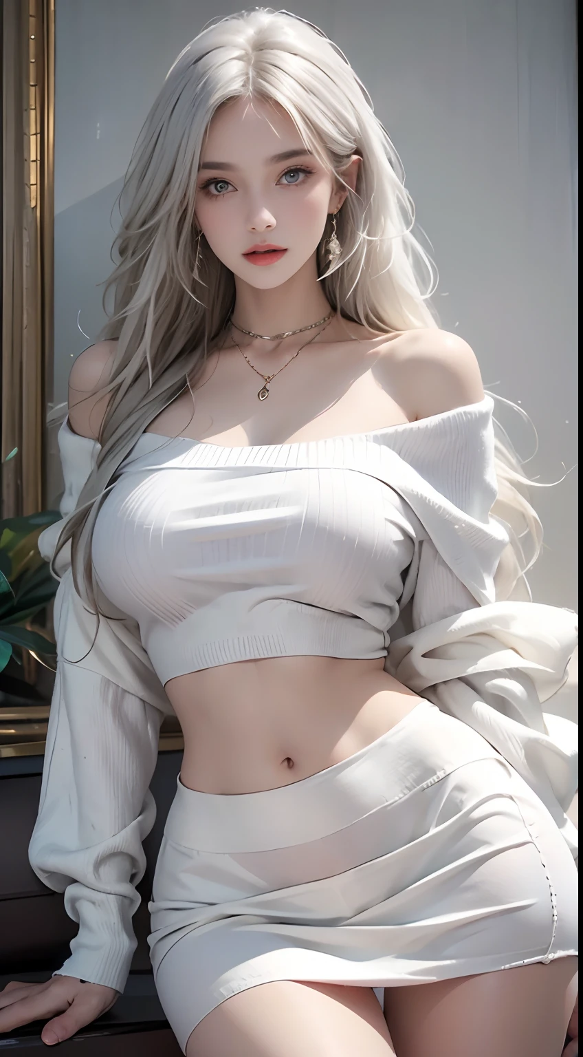 Off-shoulder knitwear、White skirt、nffsw,best qualtiy:1.4, Photorealista:1.4, Skin Texture:1.4, ​masterpiece:1.8, 1 Women, hips up high, beautidful eyes, The long-haired, Ringed Eyes, large full breasts