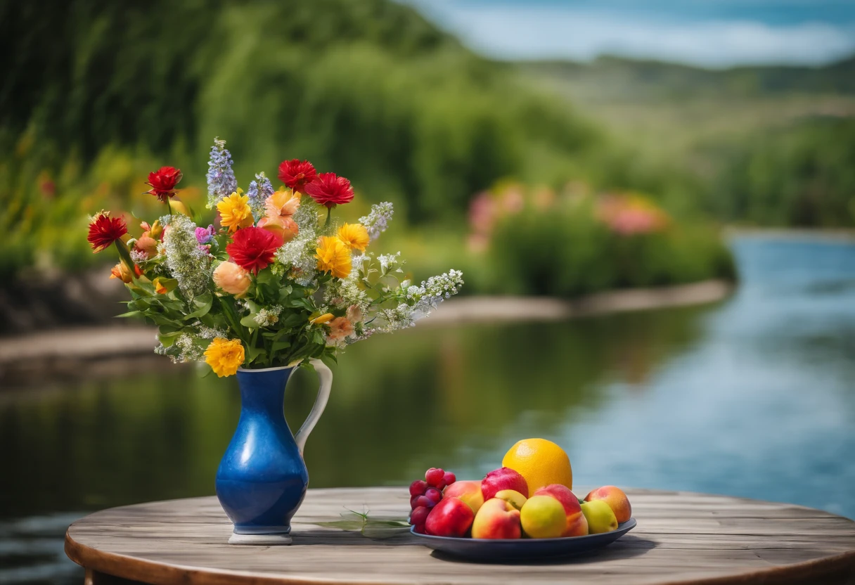 create high image quality. A vase of colorful flowers, placed on a white table, with colorful fruit next to it, surrounded by a garden of green flowers and grass, with a blue sky, on the horizon is a mountain range with a river along the river.
