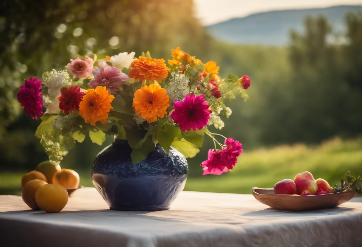 create high image quality. A vase of colorful flowers, placed on a white table, with colorful fruit next to it, surrounded by a garden of green flowers and grass, with a blue sky, on the horizon is a mountain range with a river along the river.