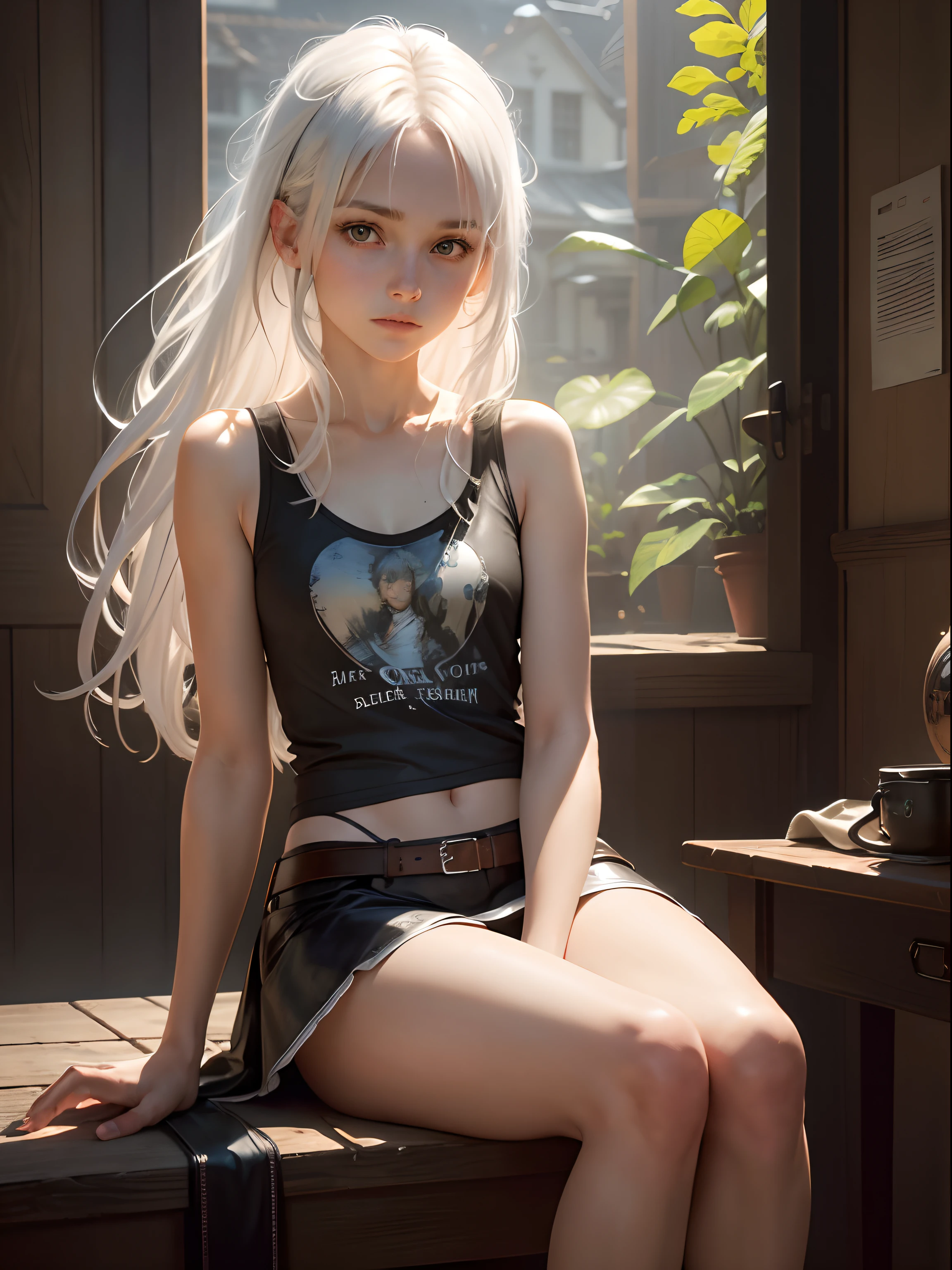 (Front Focus),(In the Dark:1.6), Hyperrealist portrait of female by david hockney and alphonse mucha,Fantasy Art, photographrealistic, Dynamic lighting, art stations, poster for, Volumetric lighting, extra detailed face, 4 k, awardwinning,, 1girl in,tiny chest, In the Dark, deepshadow, lowkey,Cowboy Shot,(official clothing:1.4) ,Long hair,White hair,thin ankles,Skinny Legs,Leather skirt,Laced boots,Sleeveless Short Tank Top,Sit on a wooden chair,White panty,pretty pose,open one's legs,