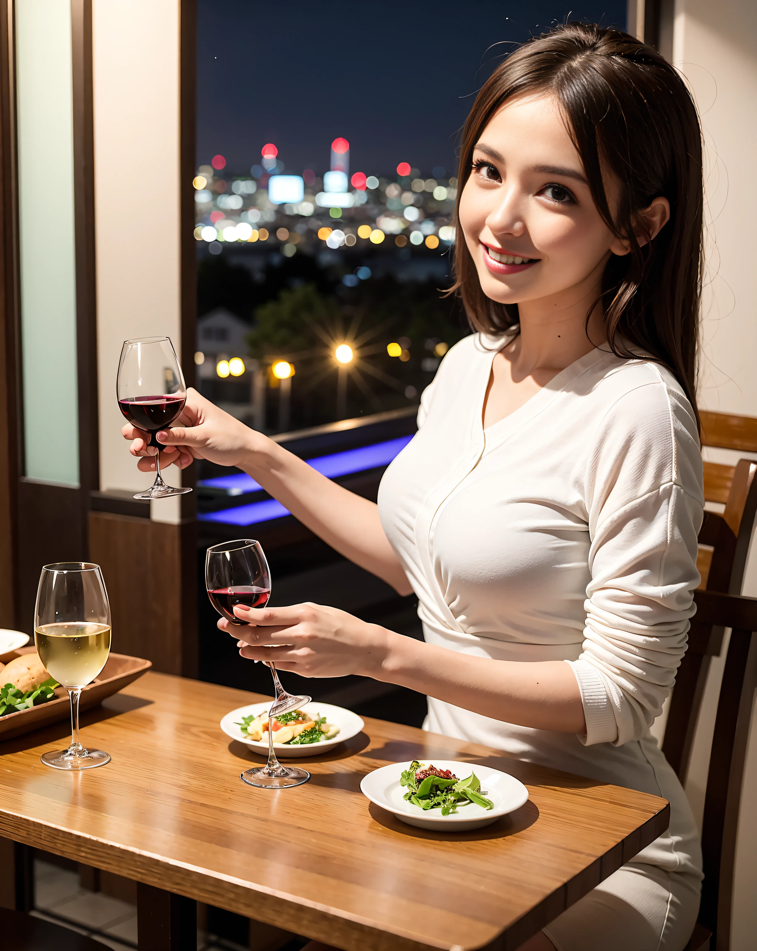 (64K, UHD, top quality, masterpiece: 1.2), (realistic, photorealistic: 1.37), super detailed, pretty woman 1 person, (slim face), (slim body), (brown hair), (short cut), cheeks slightly blushing, (44 years old), 38 years old, solo, beautiful detailed urban night view outside the window, restaurant, wine glasses sit, at night, in a prominent placeNovaFrogStyle, Actress, Model, Waist Up, White Wine, Slim, Wine Glass, Super Clean Night View, Wine Glass Put in the Middle, Happy Smile, (Smile: 1.15), Beautiful Fine Eyes, Upper Body, Bust Japan Up, Night, Short, Short, Actress, Model, Waist Up, White Wine, Slim, Wine Glass, Super Clean Night View, Wine Glass Put in the Middle, Happy Smile,