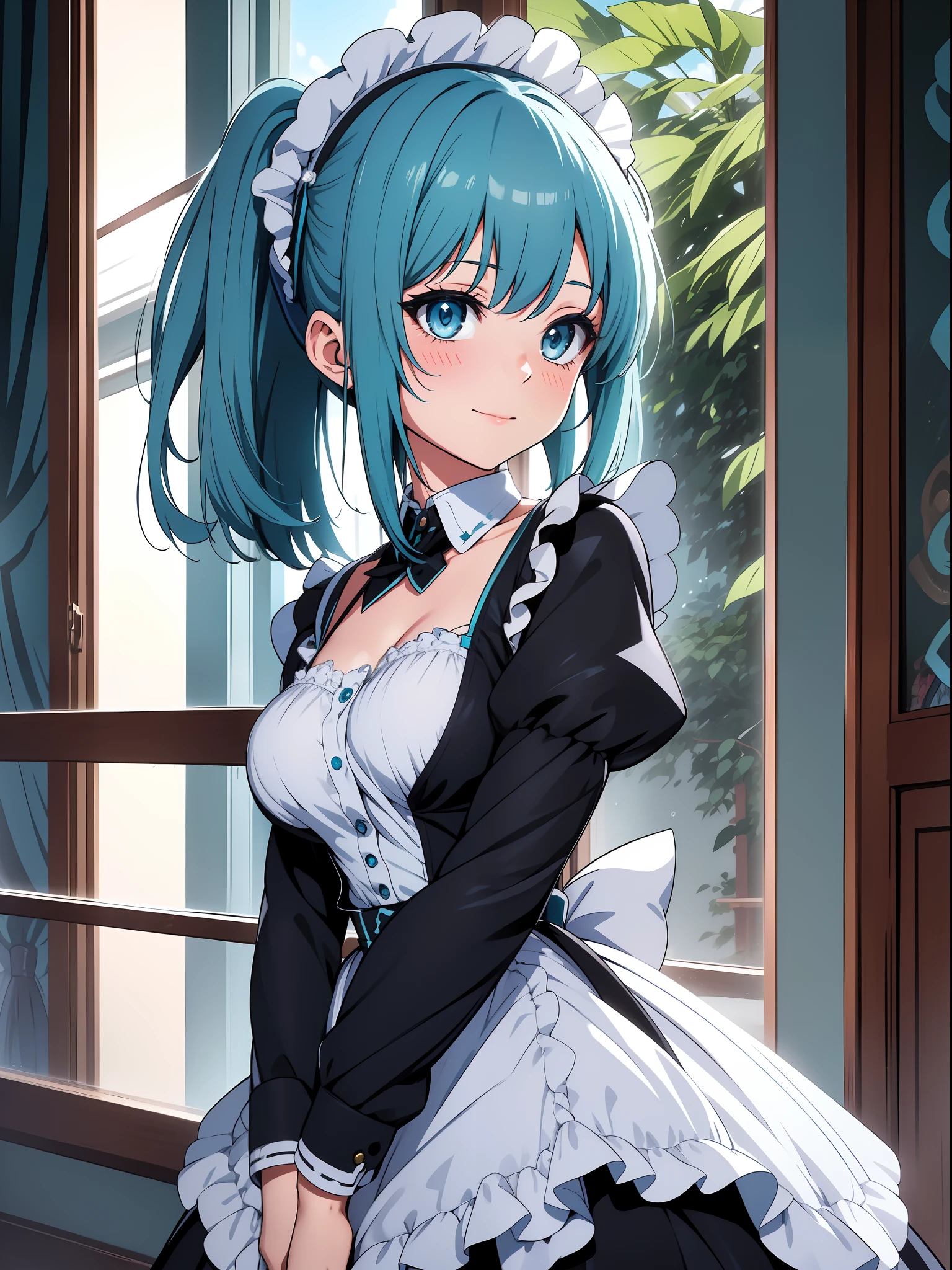 Official art、Top quality ultra-detailed CG art、miku hatsune：１.２）、Blue hair、lively girl、Maids、Transcendent Cute、kirakira、Twin-tailed、ssmile、bob cuts