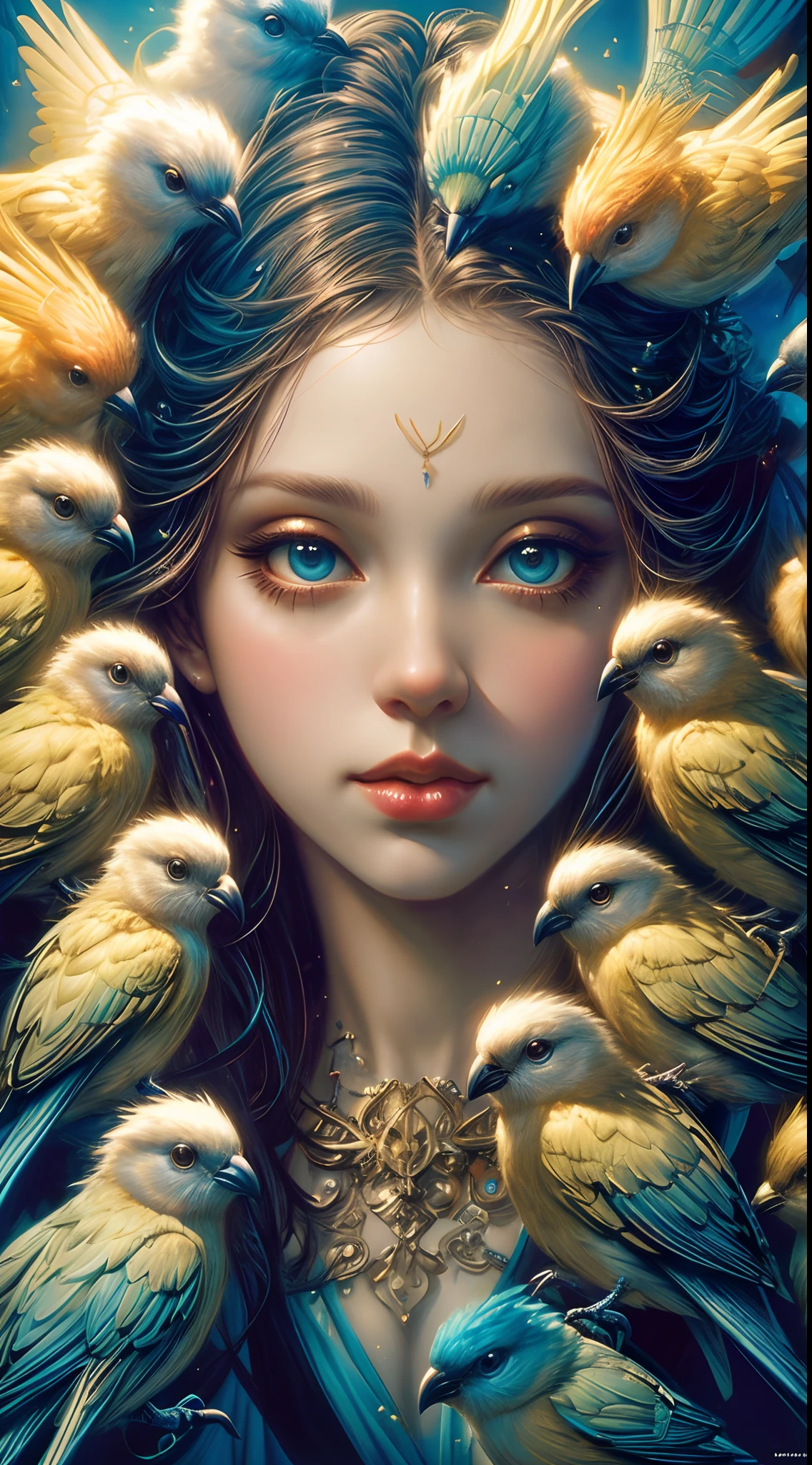 A closeup of a woman with birds on her head, Arte de fantasia hiperrealista, pintura de fantasia realista, Artgerm Julie Bell Beeple, there are birds on her head, bela arte digital, obras de arte impressionantes, pintura de personagem bonita, arte bonita, retrato bonito da arte da fantasia, karol bak uhd, Beeple e Jeremias Ketner