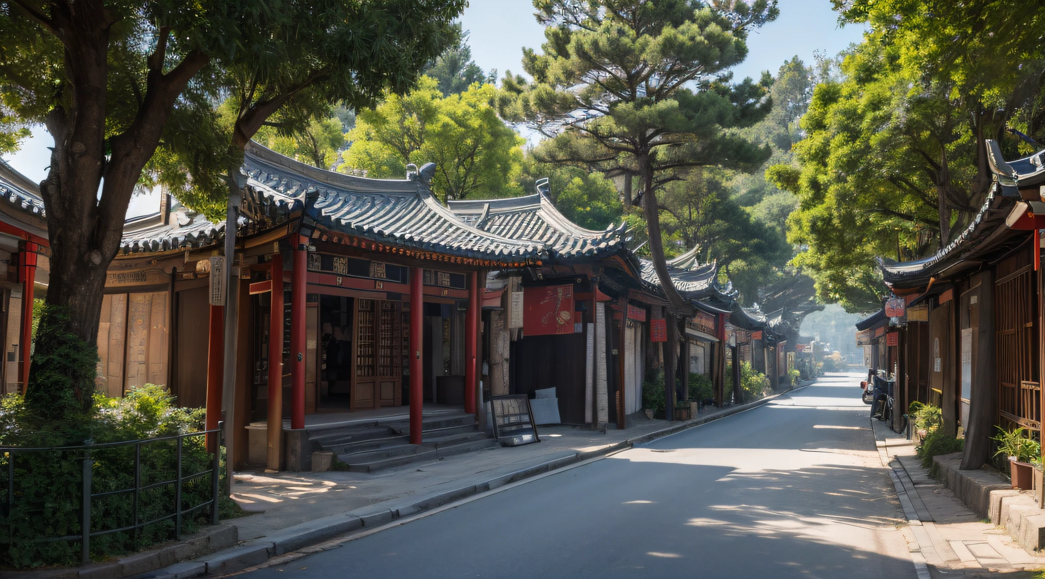 Manhwa Style,Two-dimensional painting style,Heads-up view,In the daytime,Ancient streets,A row of shops,There is an arsenal,Ancient Chinese background,forest trees,Bluestone path, super detailing, Epic composition, hyper HD, high qulity, extremely detaile, offcial art, 统一 8k 壁纸, super detailing