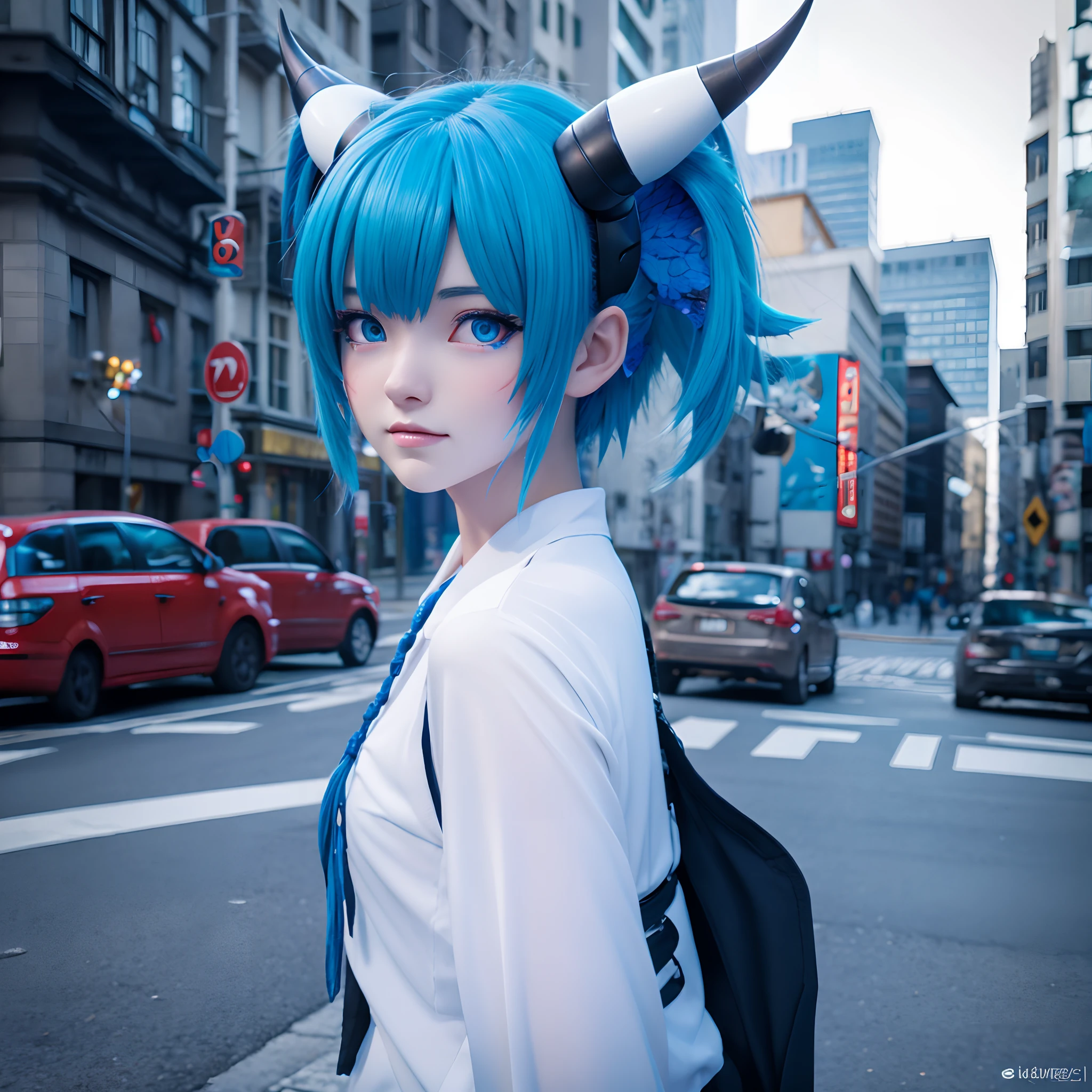 Anime girl with blue hair and horns on the street, 3D Realistic Anime, 2. 5 d cgi anime fantasy artwork, anime style 3D, Anime style. 8K, 4K Anime Style, Realistic anime in 3D style, deviantart artstation cgscosiety, digital anime art, Gwise Style Art Art, Detailed Digital Anime Art, White shirt, Dragon wings