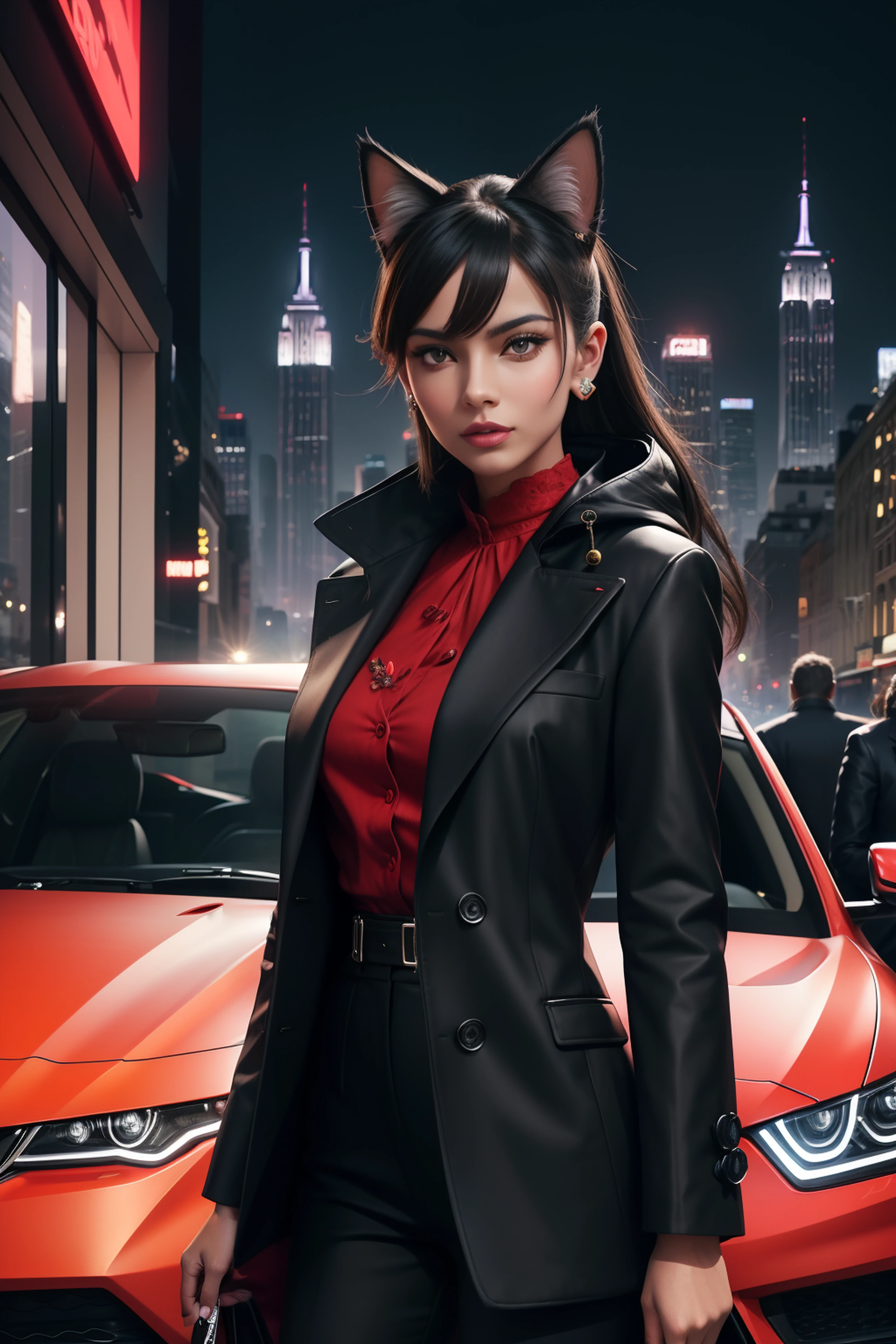 Girl with ears,Photo of a cat in a stylish suit,Sabatra,sportscar,red car,trends in the art station,Wear fashionable clothes,hyper realistic detailed rendering,Urban style,intimidating pose,fashionable outfit,Flower bouquet,Wink,date,Stylish cityscape,good coat,nighttime scene,Fashionable,Empire State Building,kirakira
