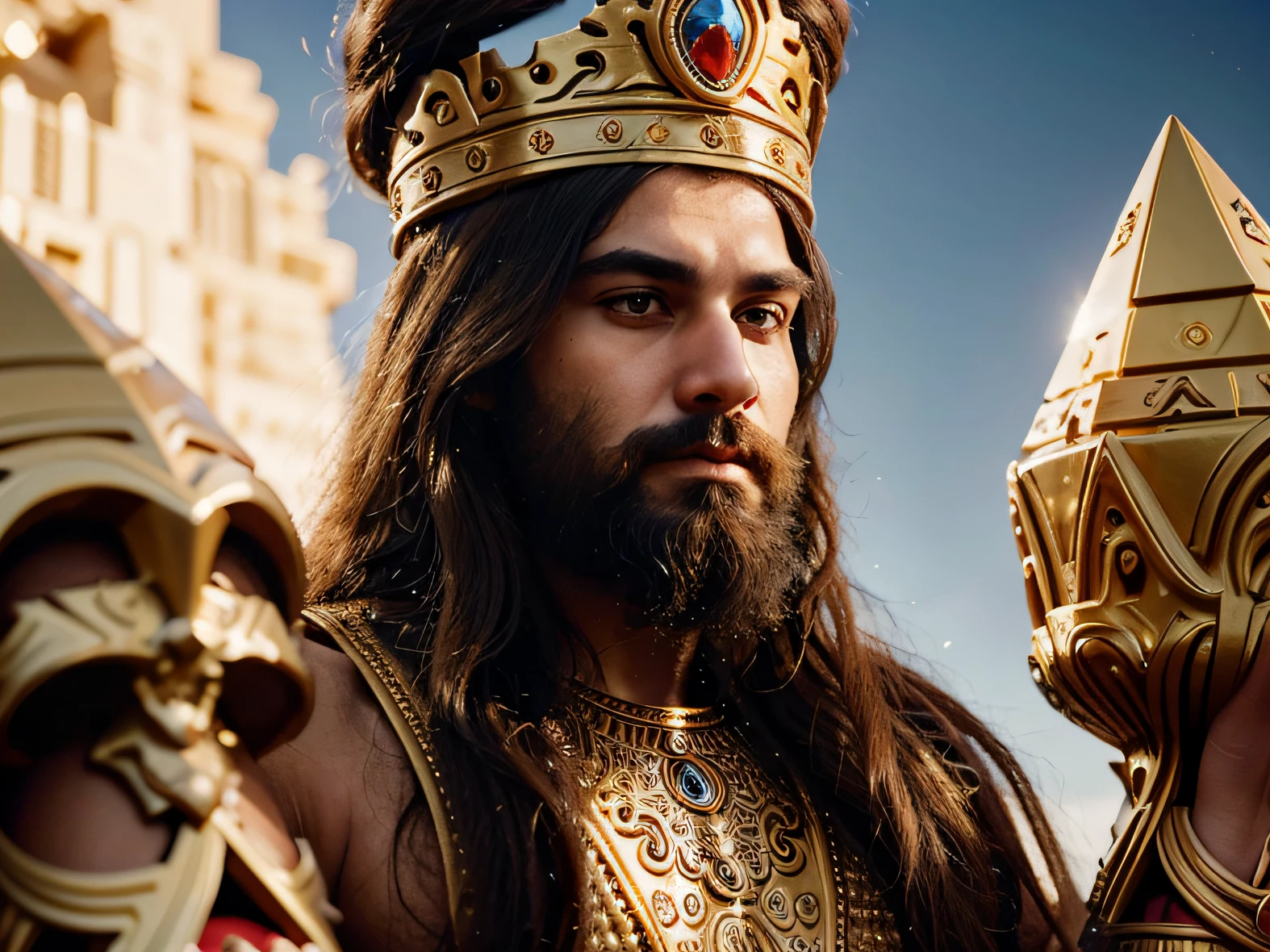 Cyrus the Great with a persian golden crown, powerful style, very long curly beard, curly long hair , cute face, golden royal clothing ,expanding his arms, dark skin like persians,