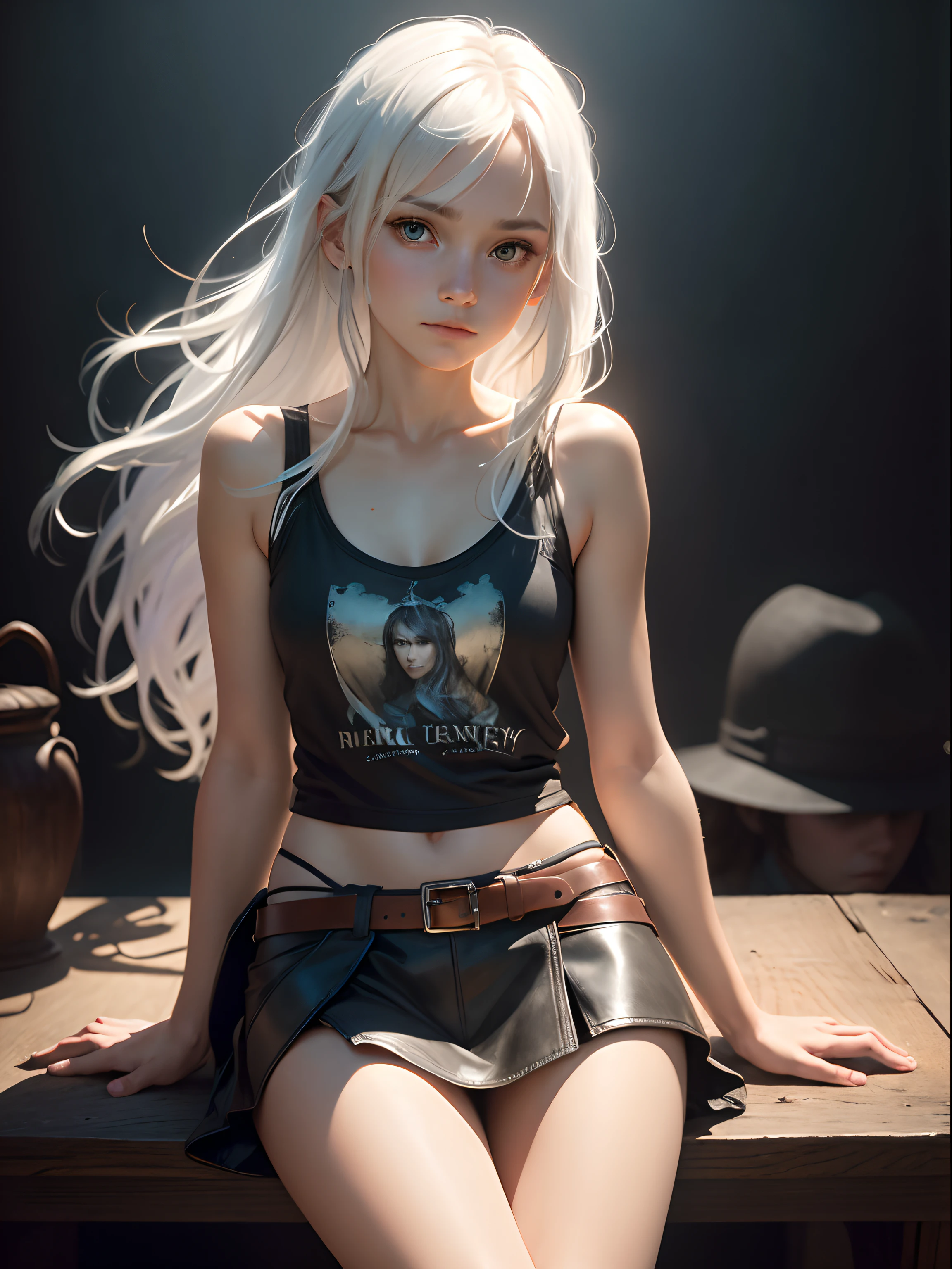 (Front Focus),(In the Dark:1.6), Hyperrealist portrait of female by david hockney and alphonse mucha,Fantasy Art, photographrealistic, Dynamic lighting, art  stations, poster for, Volumetric lighting, extra detailed face, 4 k, awardwinning,, 1girl in,tiny chest, In the Dark, deepshadow, lowkey,Cowboy Shot,(official clothing:1.4) ,Long hair,White hair,thin ankles,Skinny Legs,Leather skirt,Laced boots,Sleeveless tank top,Sit on a wooden chair,White panty,pretty pose,open one's legs,