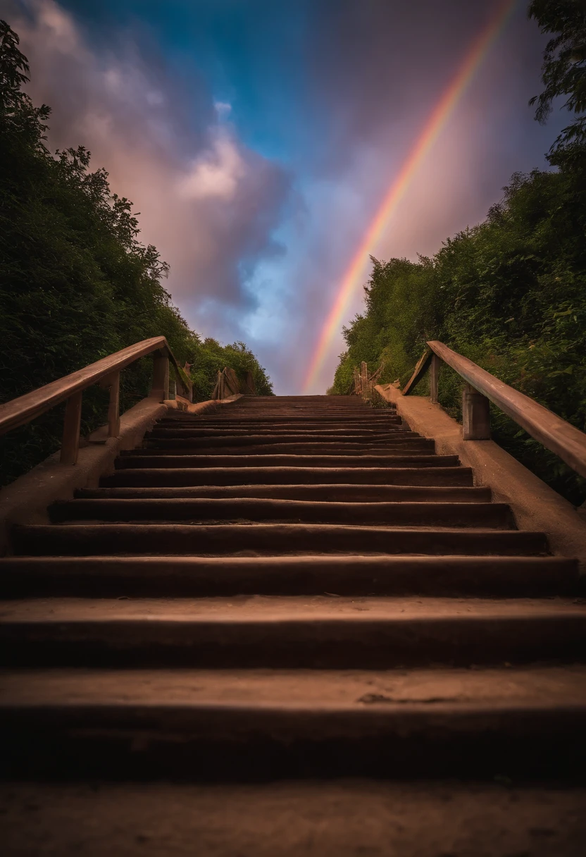 Close-up of the stairs leading to the rainbow sky, stairway to heaven, A very colorful heaven, stairs from hell to heaven, Leading to the Sky, Rainbow clouds, Colors of Heaven, Rainbow Trail, Colorful sky, Rainbow clouds, Heaven!!!!!!!!, rainbow, Rainbow colors, Psychedelic sky, In beautiful colors, Irridescent color, colorful dream, colorful skies