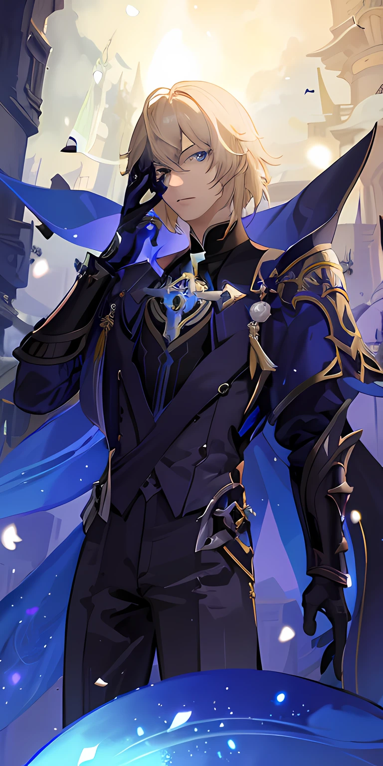 anime, a man in a blue suit with a sword in his hand, keqing from genshin impact, genshin, shadowverse style, tall anime guy with blue eyes, detailed key anime art, genshin impact character, key anime art, zhongli from genshin impact, a human male paladin, casimir art, genshin impact style