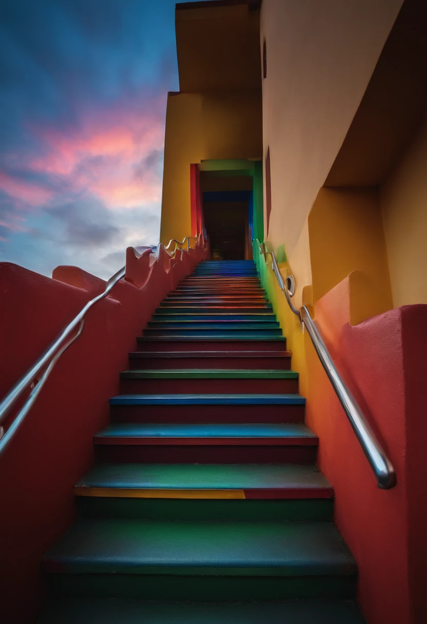 Close-up of the stairs leading to the rainbow sky, stairway to heaven, A very colorful heaven, stairs from hell to heaven, Leading to the Sky, Rainbow clouds, Colors of Heaven, Rainbow Trail, Colorful sky, Rainbow clouds, Heaven!!!!!!!!, rainbow, Rainbow colors, Psychedelic sky, In beautiful colors, Irridescent color, colorful dream, colorful skies