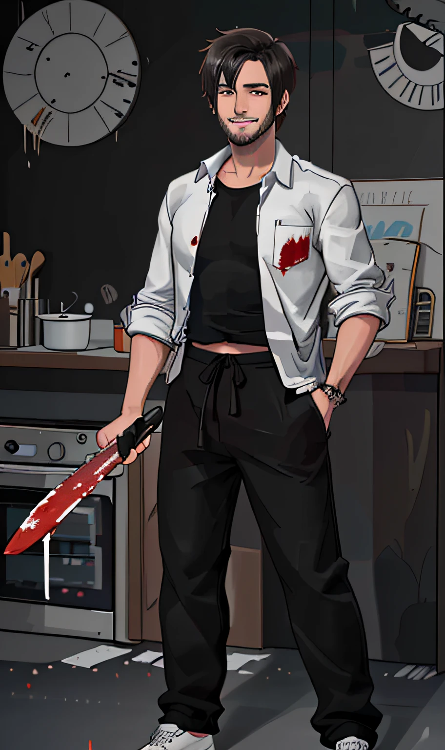 Masterpiece, Best quality, A high resolution, 8K, 4K, offcial art, of a guy，white  shirt， Black sweatpants， holding a kitchen knife， There was blood on the clothes， Bad smile