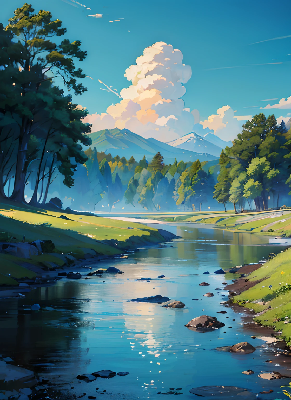 (scenery, masterpiece, best quality:1.6), no human, landscape, 8k, raw photo, absurdres, (open sky,blue sky:1.2), cloud, river, (woods, small waterfall, weeds:0.8), perspective, depth of field, HDR, sharp focus, highres, photography, realistic, highest detailed, extreme detailed, ultra detailed, finely detail
