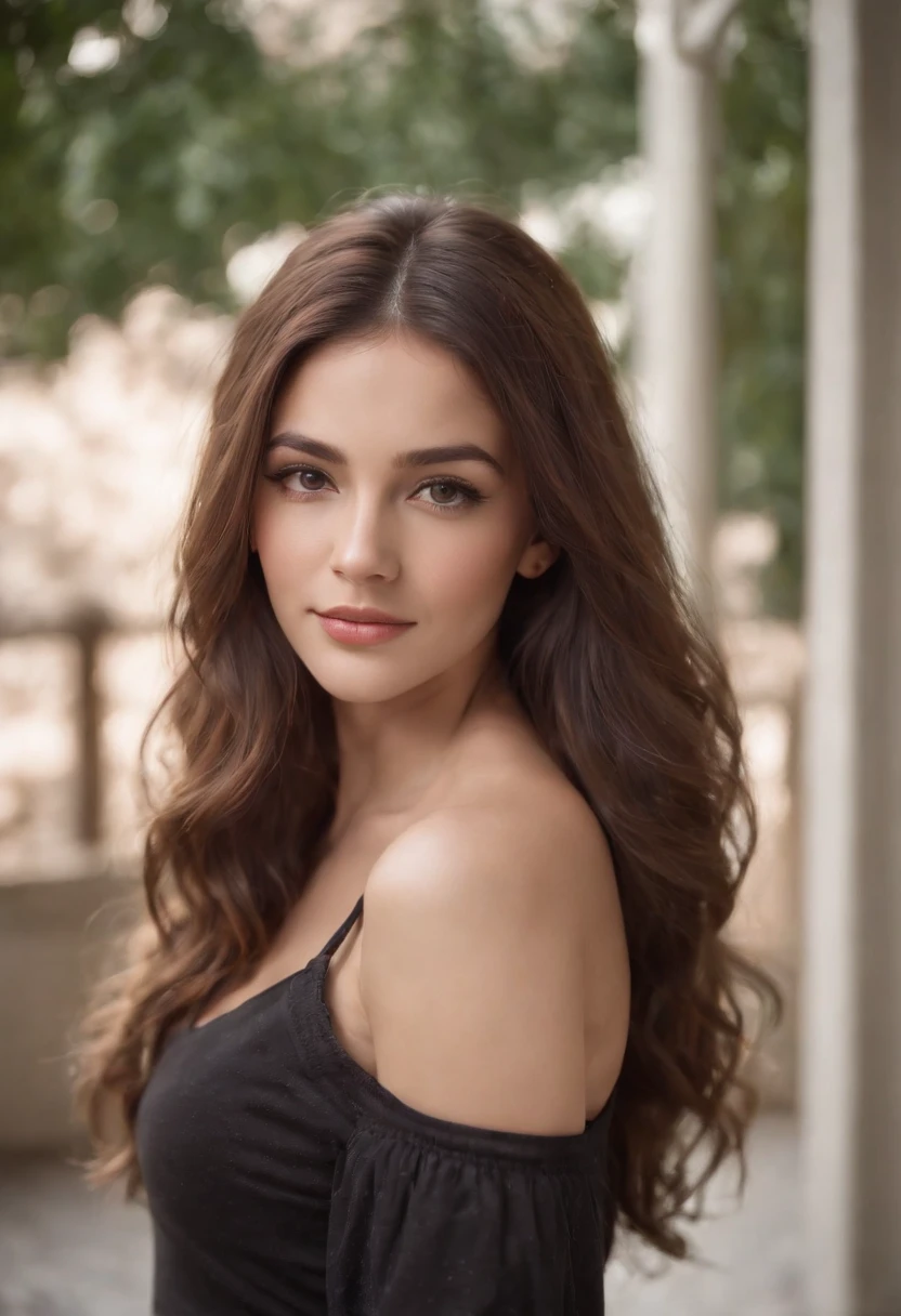 Natural photography of a beautiful girl, wearing a loose crop top, leaning over, long flowing hair, big bust, locks eyes into the camera, symmetrical eyes, symmetrical face, realistic, photography, path tracing, specular lighting, volumetric face light, path traced hair, visible shadows, intricate, elaborate, smiling