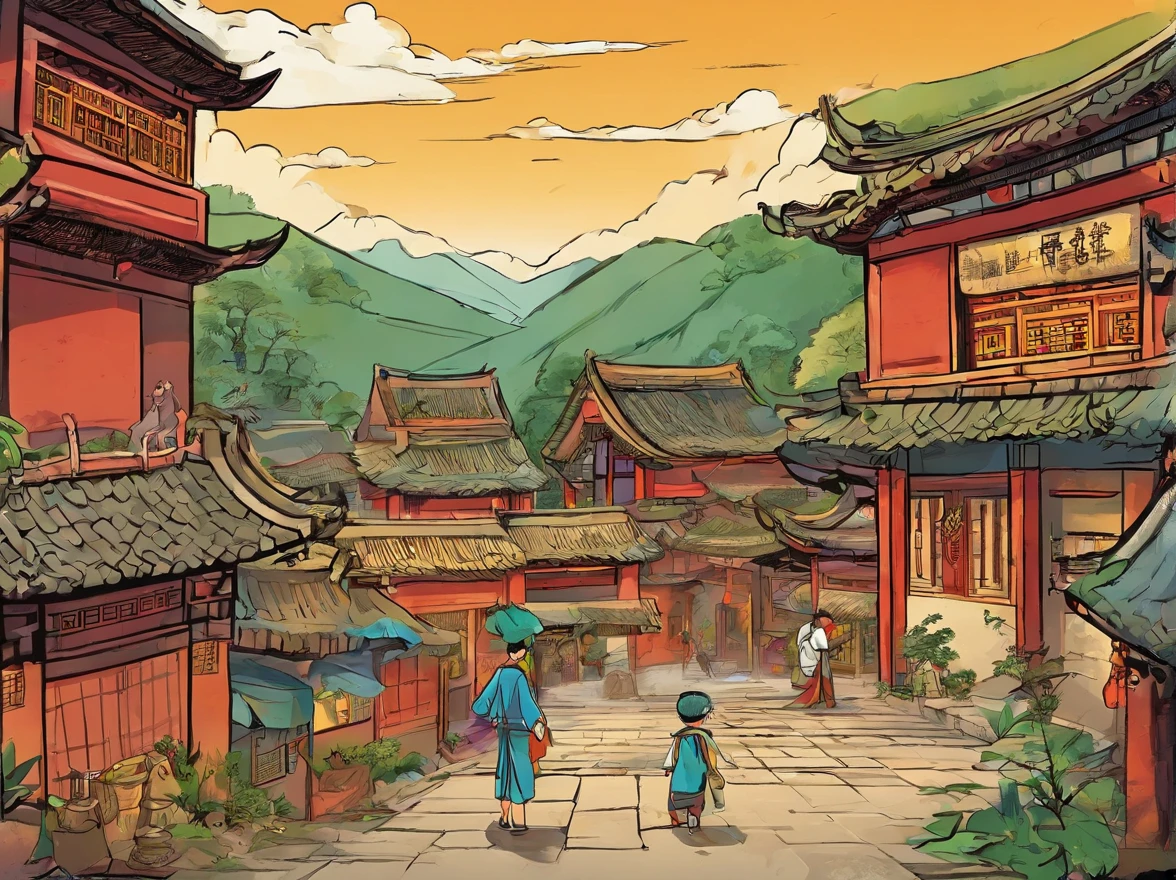 Chinese style comics, The comic story is presented in multiple rectangular colored panels. The picture shows a Zhuang village，A cute boy running and playing in the village。The boys hear scenes of old people discussing problems together，The boy decides to embark on a journey to find the immortals。Presents a boy with a bag on his back，Ready to go