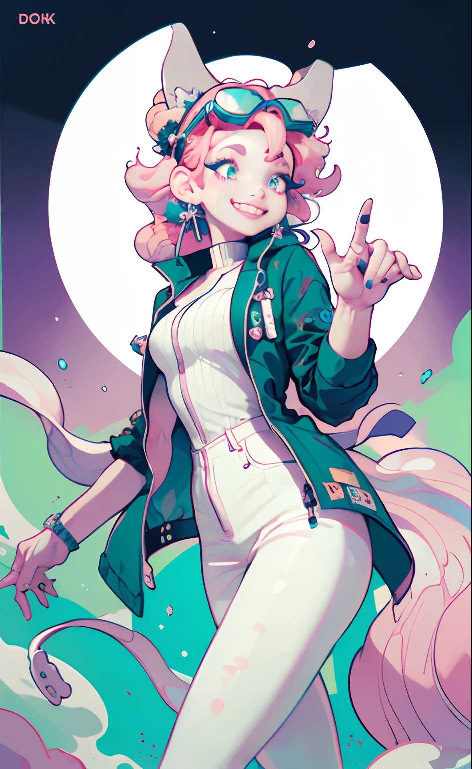 A cartoon girl with a green jacket and white pants and a green jacket ...