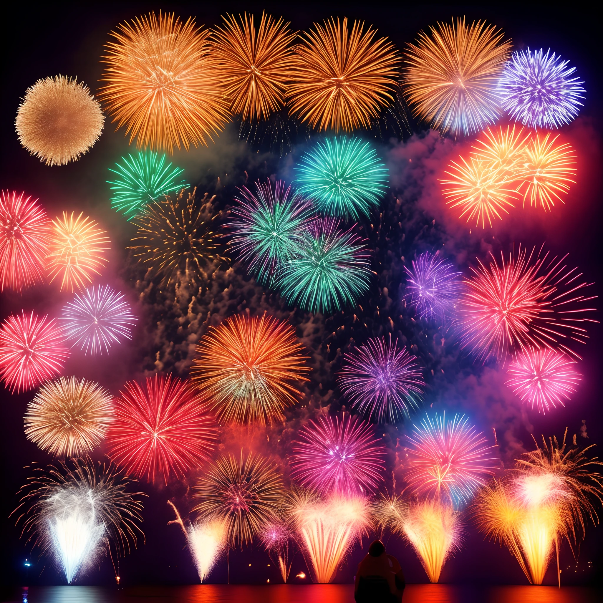 many fireworks, beauty beautiful, vivid, brilliant, bright, flower fusion fireworks, wolf fusion fireworks, dreamlike compositions, low-fidelity, holography, glimmer glass reflection, amazing background detail, extremely detailed magazine quality photograph, expert precision including intricate examples of undeniably amazing image quality and detailed design, glass paint, dark romanticism,