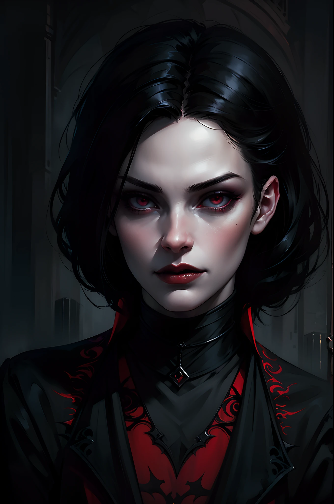 Woman with black hair and red eyes in black bra, very big breasts, Vampire Girl, Dark, But detailed digital art, dark fantasy style art, Portrait of a vampire, androgynous vampire, Dark art style, style of charlie bowater, gothic horror vibes, tom bagshaw artstyle, gothic art style, dark fantasy portrait, neoartcore and charlie bowater