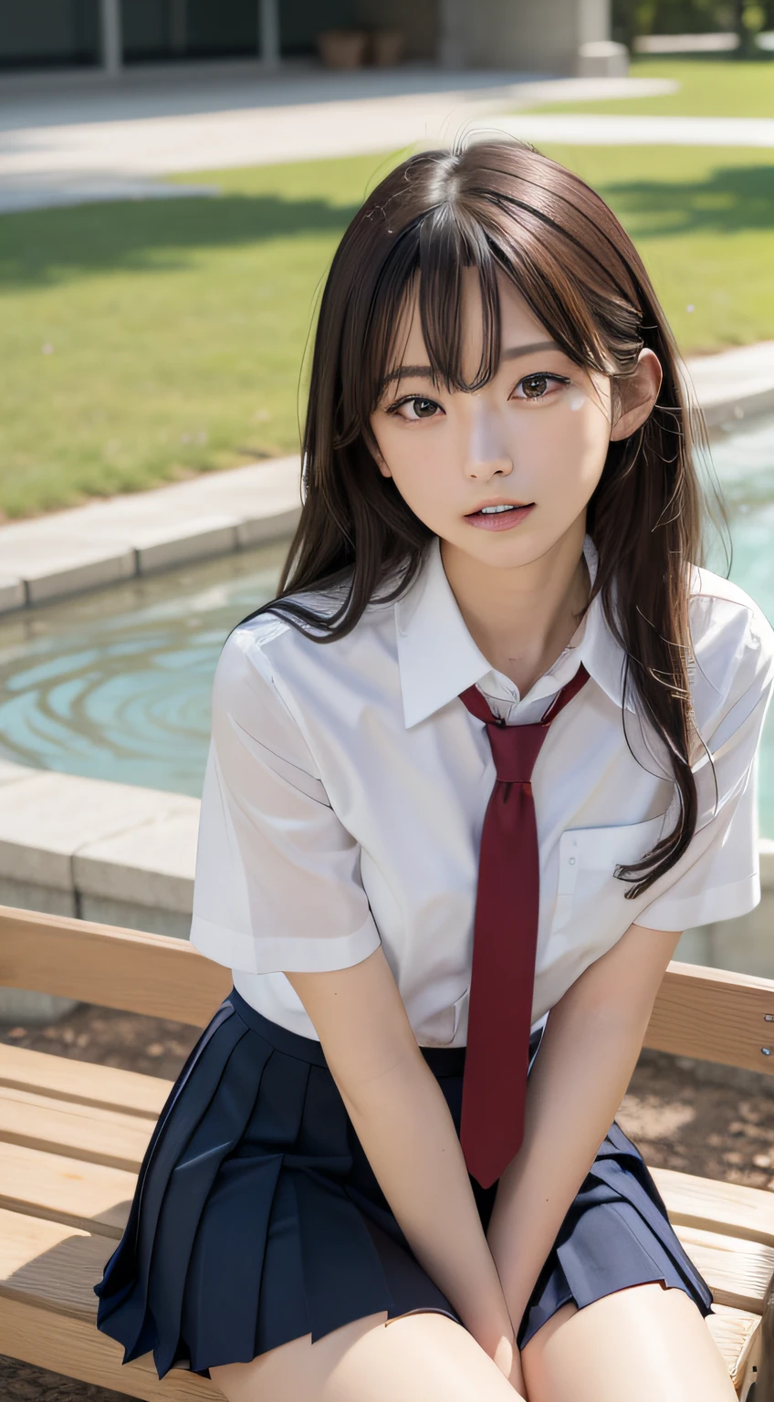 (masutepiece, Best Quality:1.2), 8K, 18year old, 85 mm, Official art, Raw photo, absurderes, White dress shirts, Pretty Face, close up, Upper body, violaceaess, gardeniass, Beautiful Girl, School uniform, (Navy pleated skirt:1.1), Cinch West, thighs thighs thighs thighs, Short sleeve, ‎Classroom, Sit on a bench seat, Looking at Viewer, No makeup, (Smile:0.4), Film grain, chromatic abberation, Sharp Focus, face lights, clear lighting, Teen, Detailed face, Bokeh background, (dark red necktie:1.1)、medium breasts⁩