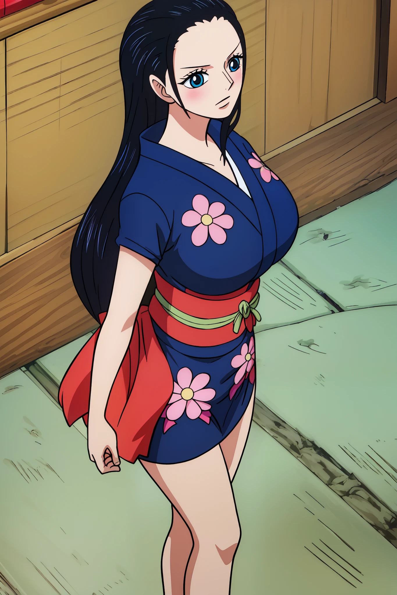 Nico Robin from one piece, Japanese traditional hair, blue eyes, dark wide pupils, blushing, big breasts, large size boobs, wearing mini size kimono,  standing in Japanese traditional house Minka 民家. Front view