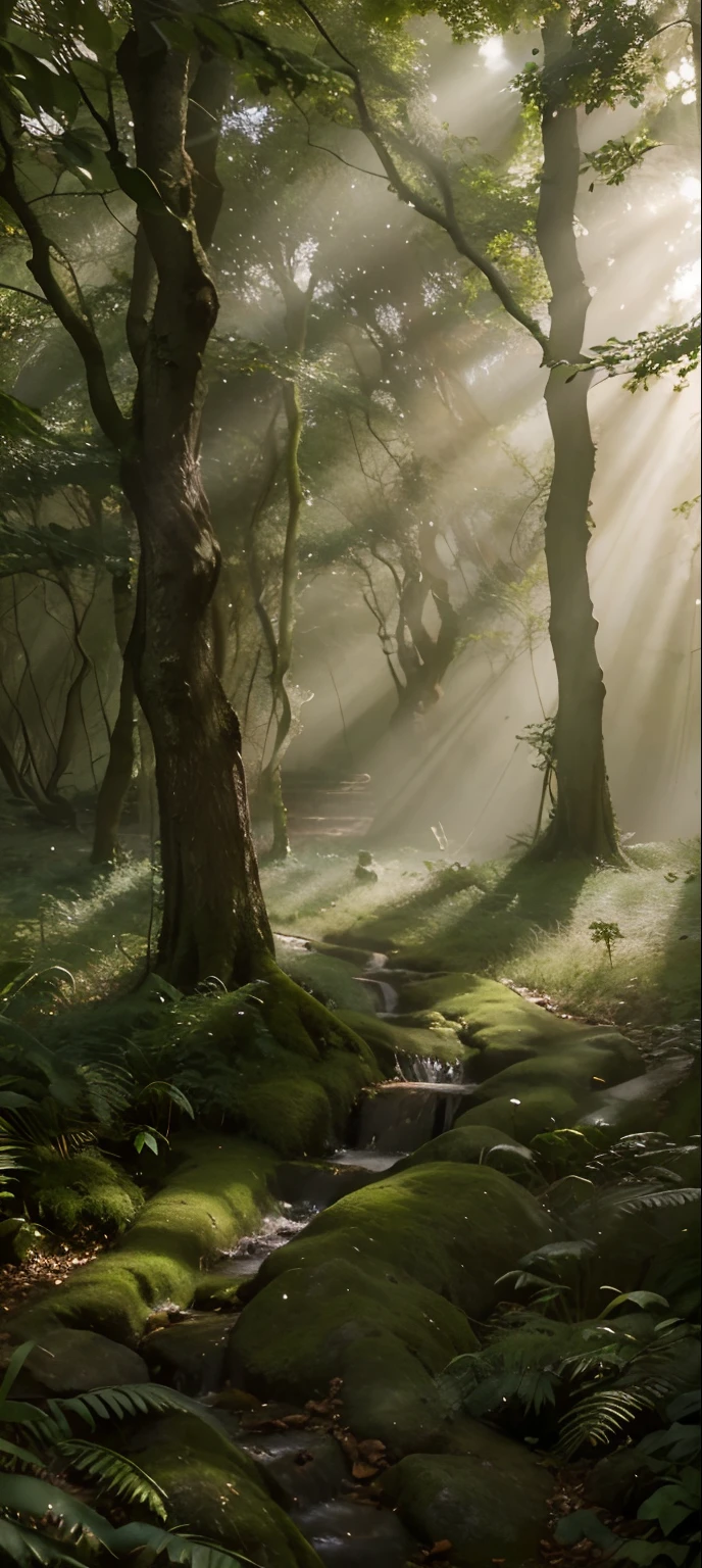 Hazy, dreamy woods; forest bathed in soft, golden sunlight; a secret oasis hidden beneath the trees; ethereal mist floating delicately; serene and tranquil atmosphere; vibrant shades of green; whispering leaves; magical and enchanting scenery; nature's sanctuary; mystical and untouched beauty; harmonious blend of light and shadows; peaceful and secluded haven; a place where time stands still. (best quality,ultra-detailed,photorealistic), vivid colors, soft and warm color palette, gentle rays of sunlight filtering through the foliage, soft glow illuminating the moss-covered ground, subtle play of light and shadow, enchanting and atmospheric lighting effect.