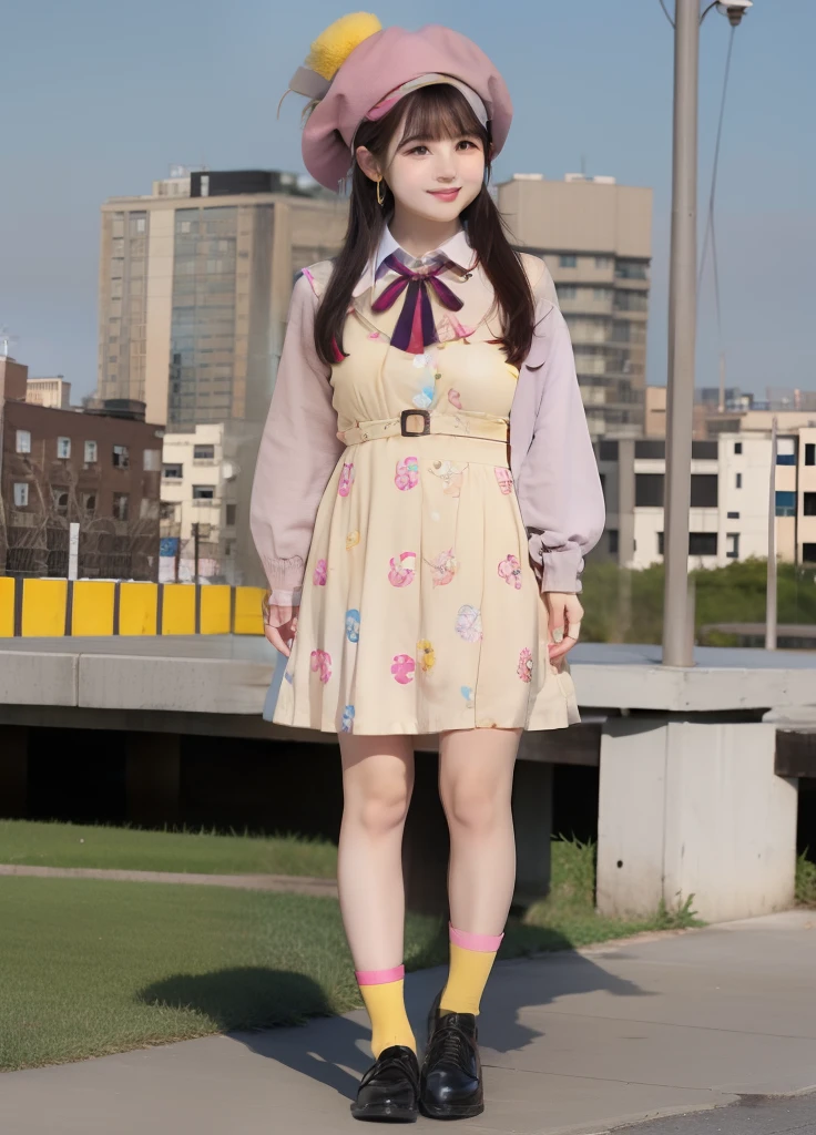 Colorful Artist Idol、large full breasts、beautiful foot、Colorful hair、、Good Style、Yellow Mosaic Mini Dress、Pink beret