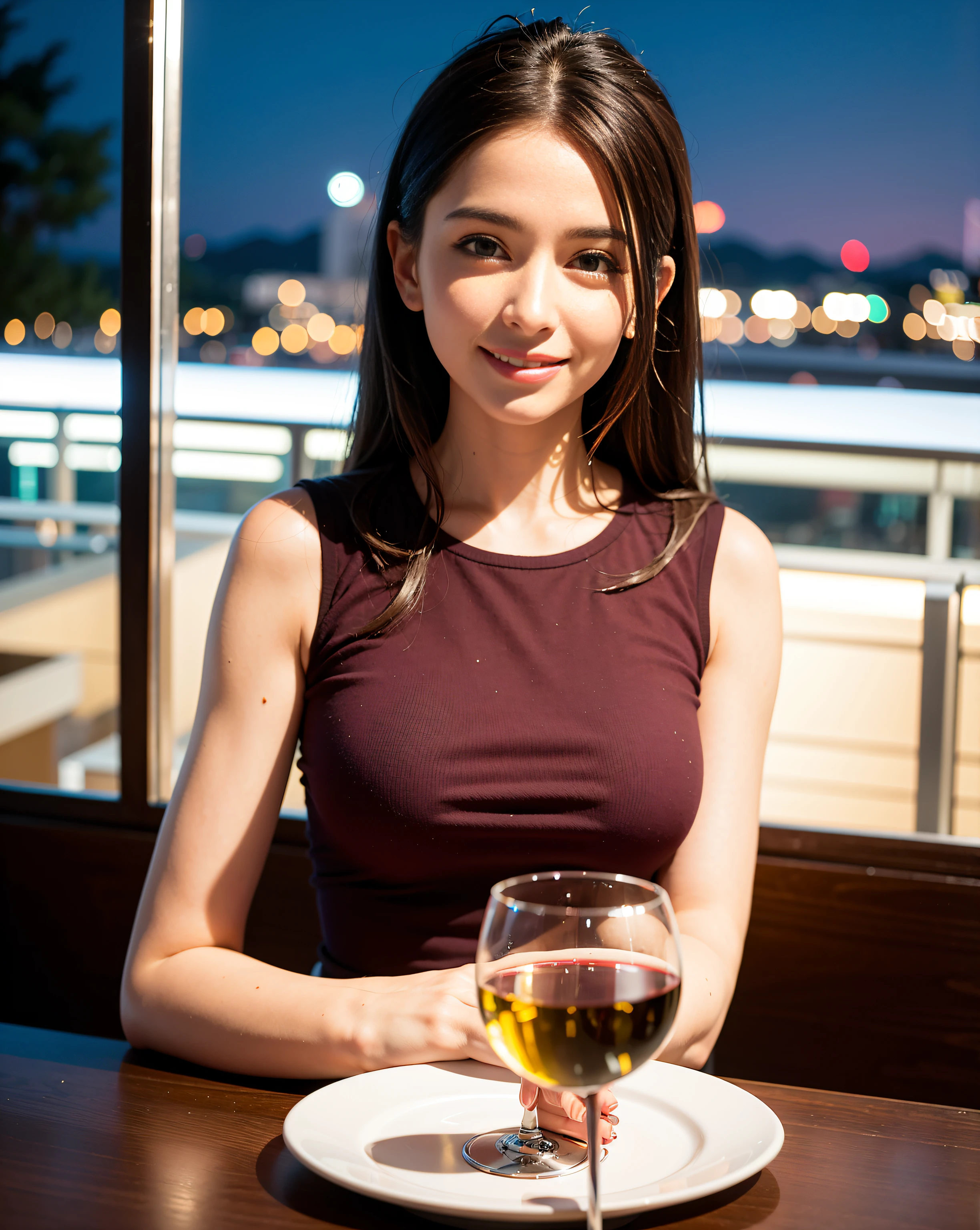 (64K, UHD, top quality, masterpiece: 1.2), (realistic, photorealistic: 1.37), super detailed, pretty woman 1 person, (slim face), (slim body), (brown hair), (short cut), cheeks slightly blushing, (44 years old), 38 years old, solo, beautiful detailed urban night view outside the window, restaurant, wine glasses sit, at night, in a prominent placeNovaFrogStyle, Actress, Model, Waist Up, White Wine, Slim, Wine Glass, Super Clean Night View, Wine Glass Put in the Middle, Happy Smile, (Smile: 1.15), Beautiful Fine Eyes, Upper Body, Bust Japan Up, Night, Short, Short, Actress, Model, Waist Up, White Wine, Slim, Wine Glass, Super Clean Night View, Wine Glass Put in the Middle, Happy Smile,