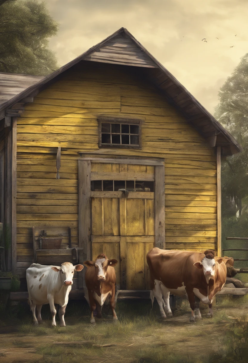 Draw a front cowshed house with earthy yellow wood,There are two mechanical cows inside