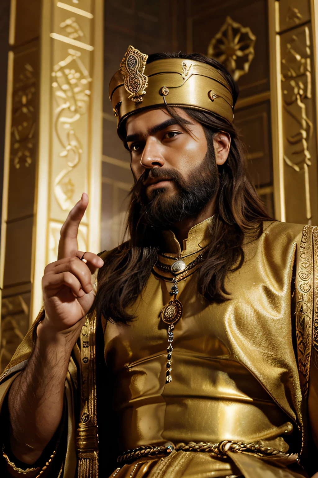 Cyrus the Great with a golden crown, powerful style, long brown beard, cute face, golden royal clothing ,expanding his hands, dark skin like persians,