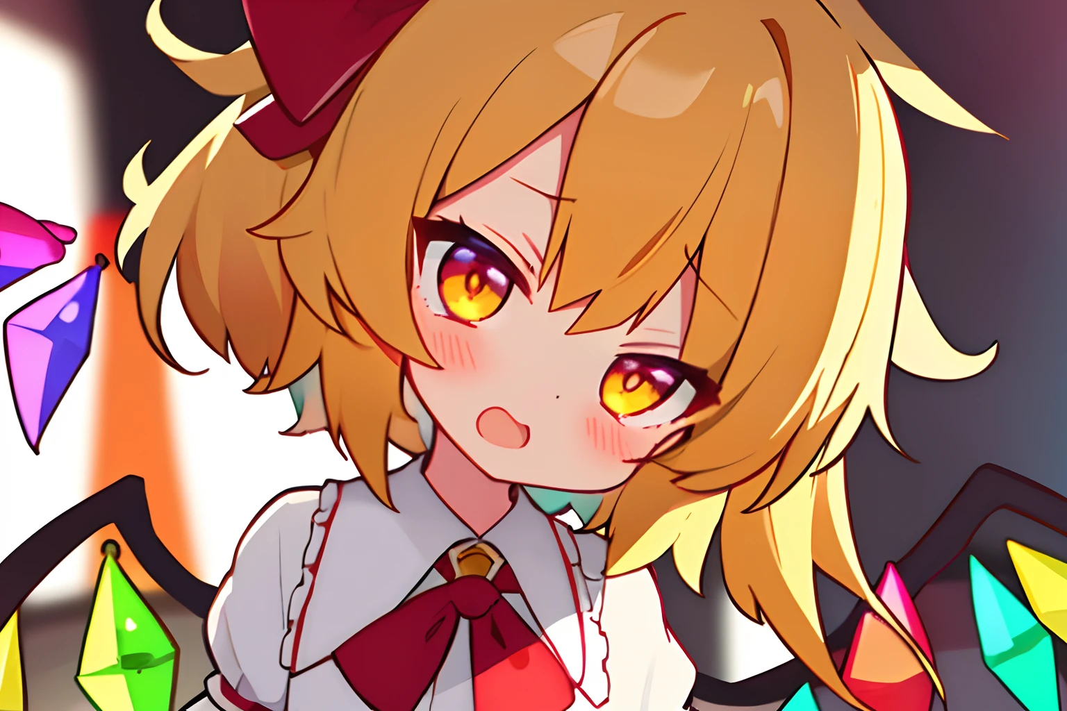 Best Quality, sullenness、glares、1girl in, Solo, Flandre Scarlet、beautiful countenance、Eye Highlights、Opening Mouth、Petite、bright yellow hair、shortsleeves、‎Classroom