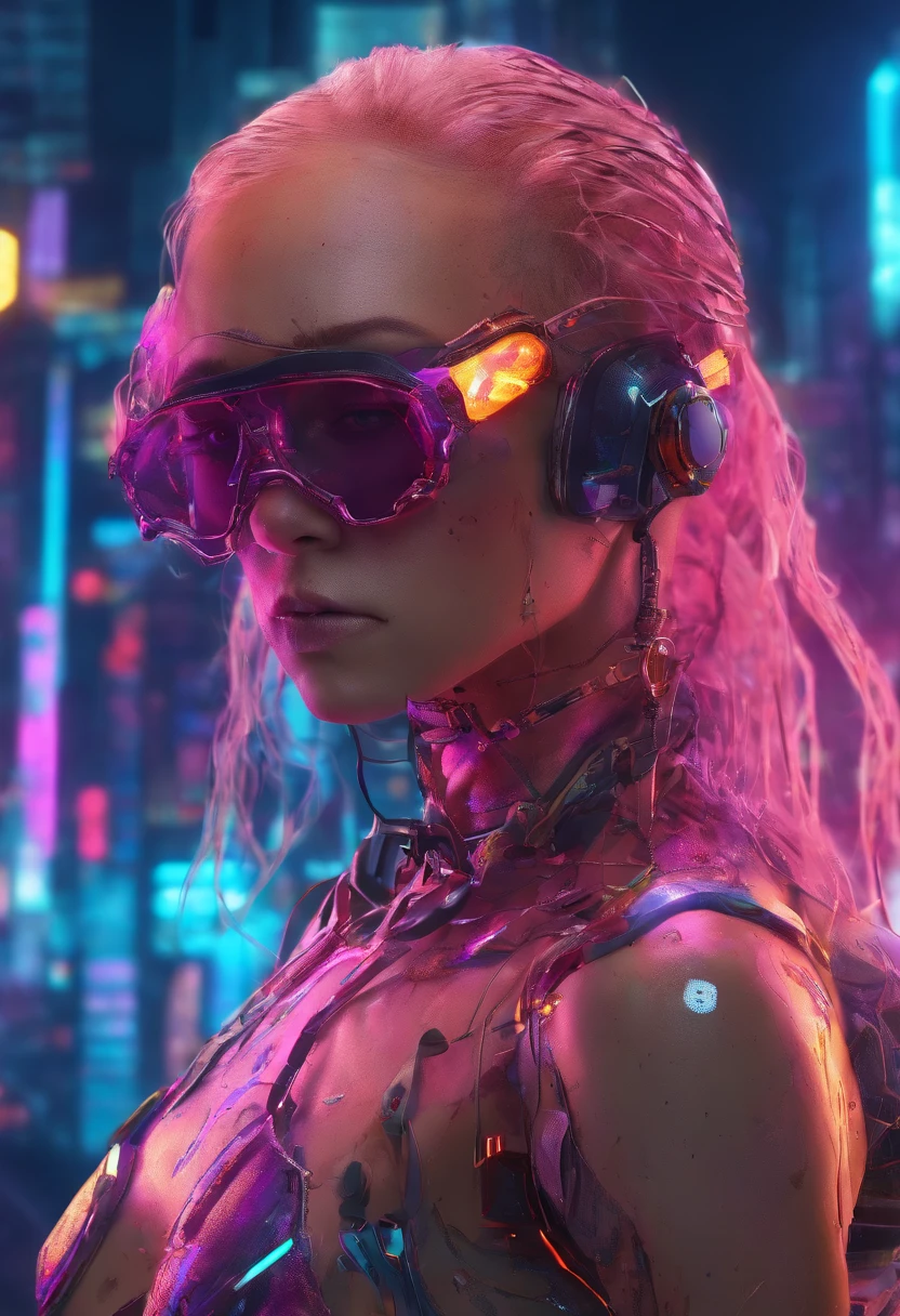 (highly detaild: 1.2), (Canon EOS R6 Best Quality: 1.2), (8K: 1.0), (EMB-RRF - Low: 1.0), (Many large black tattoos on the cybernetic head open in the middle to show the inside., Detailed face, Wearing high-tech sunglasses with very delicate eyes and holographic display 1.2), Sharp focus (Award photo: 1.2), (Subsurface Scatter(Subsurface Scatter): 1.2), (Subsurface Scatter(Subsurface Scatter): 1.2). 1.1) (Beautiful very delicate cyborg: 1.2), ( Very delicate hair: 1.2), (Great body: 1.2), (s whole body: 1.2), (Dynamic posture :1.2), neon glow, (Detailed cybernetic eye:1.1), close-up (A hyper-realistic:1.2), role-playing using, Cyberpunk 2077 Style, with dramatic lighting, (Highly detailed futuristic cityscape:1.2), (Sci-fi: 1.2). 1.2), Professional Portrait, By: Wlop Greg Rutkowski, Jeffrey Simpson Alphonse Mucha